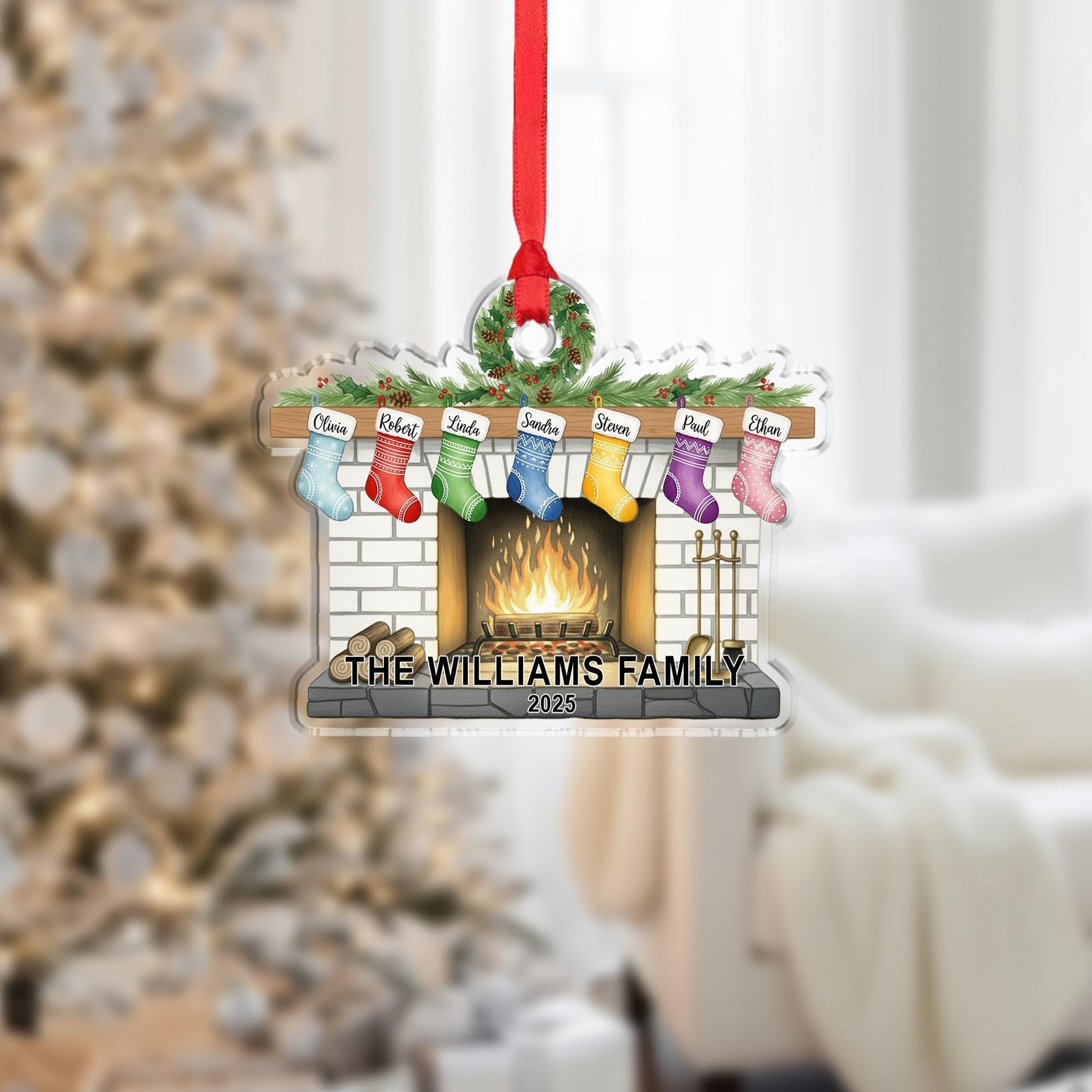 Personalized Family Fireplace Ornament Acrylic Stockings 2025