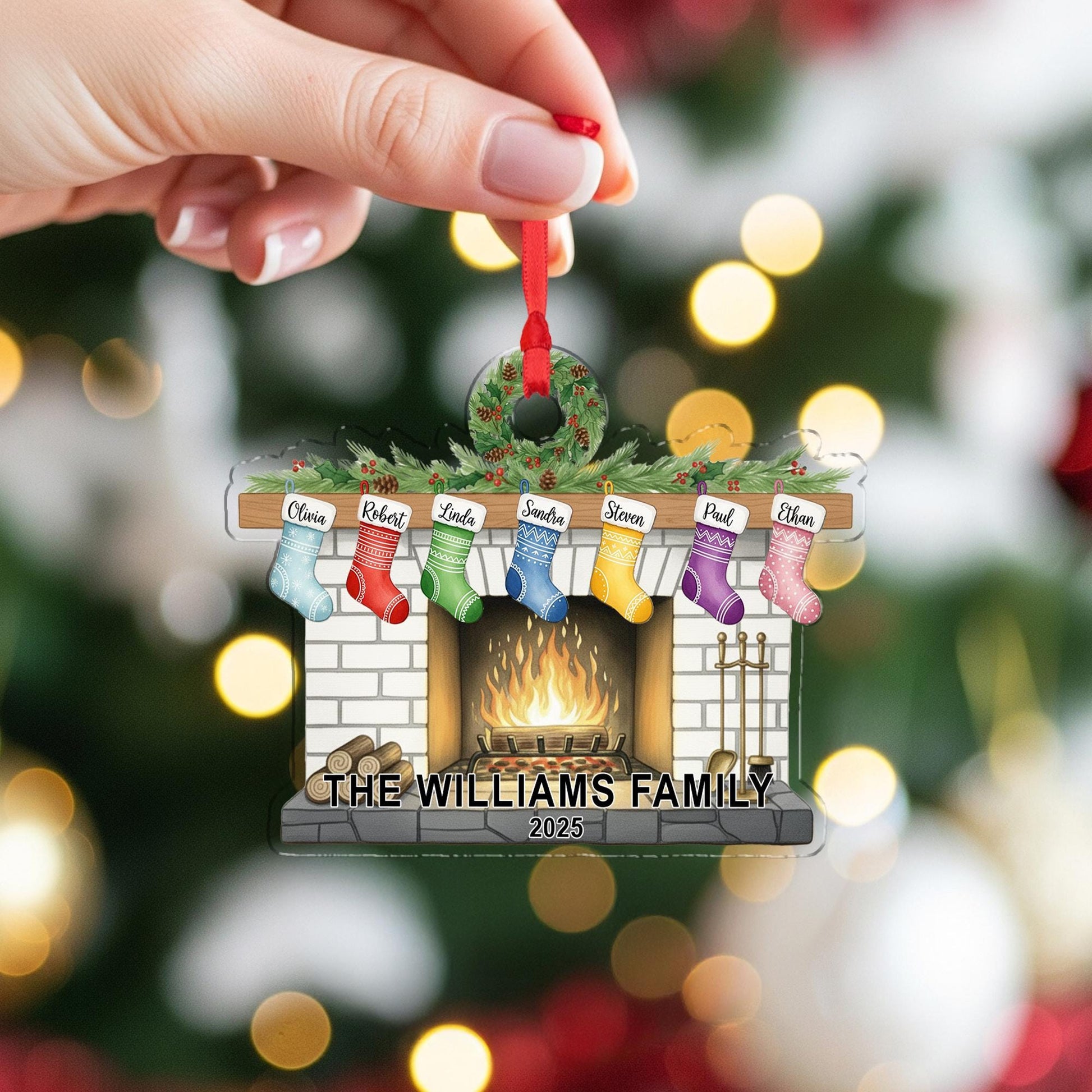 Personalized Family Fireplace Ornament Acrylic Stockings 2025