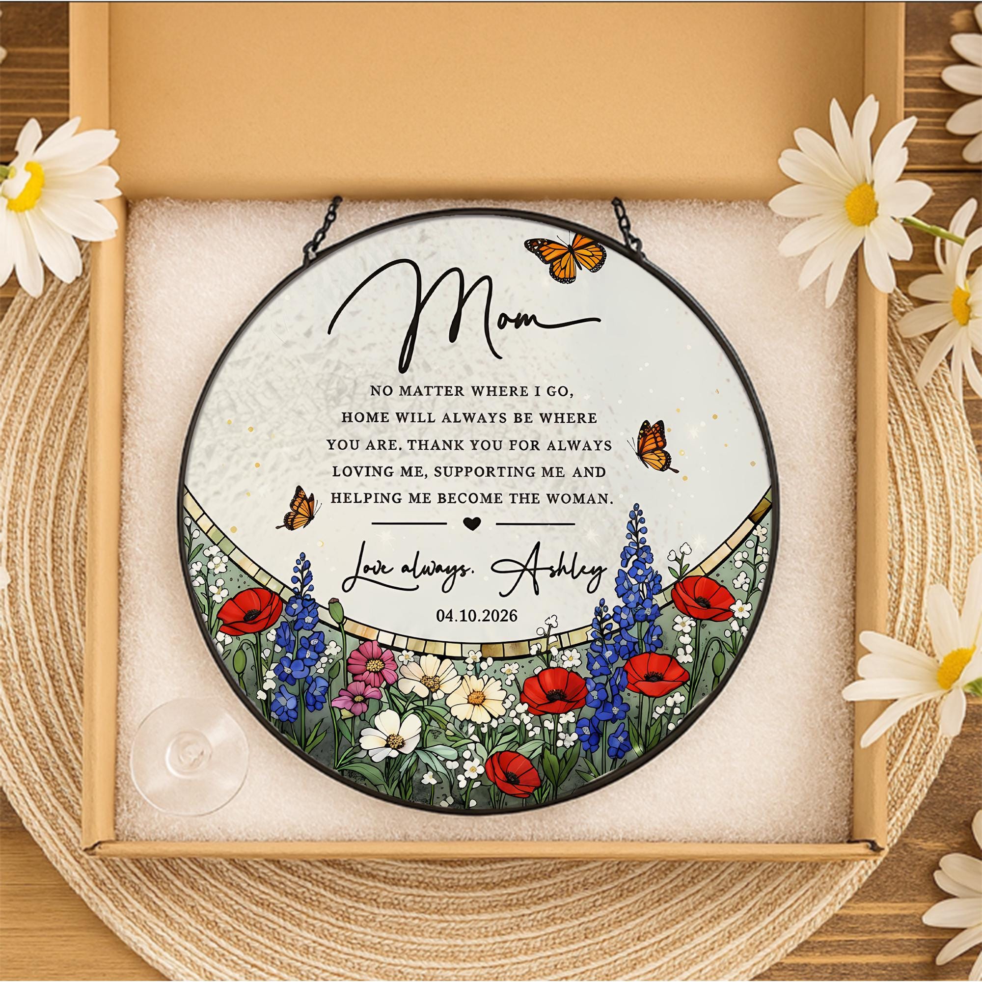 Mom Suncatcher Gift – Personalized Floral Glass Hanging Keepsake for Mother of the bride
