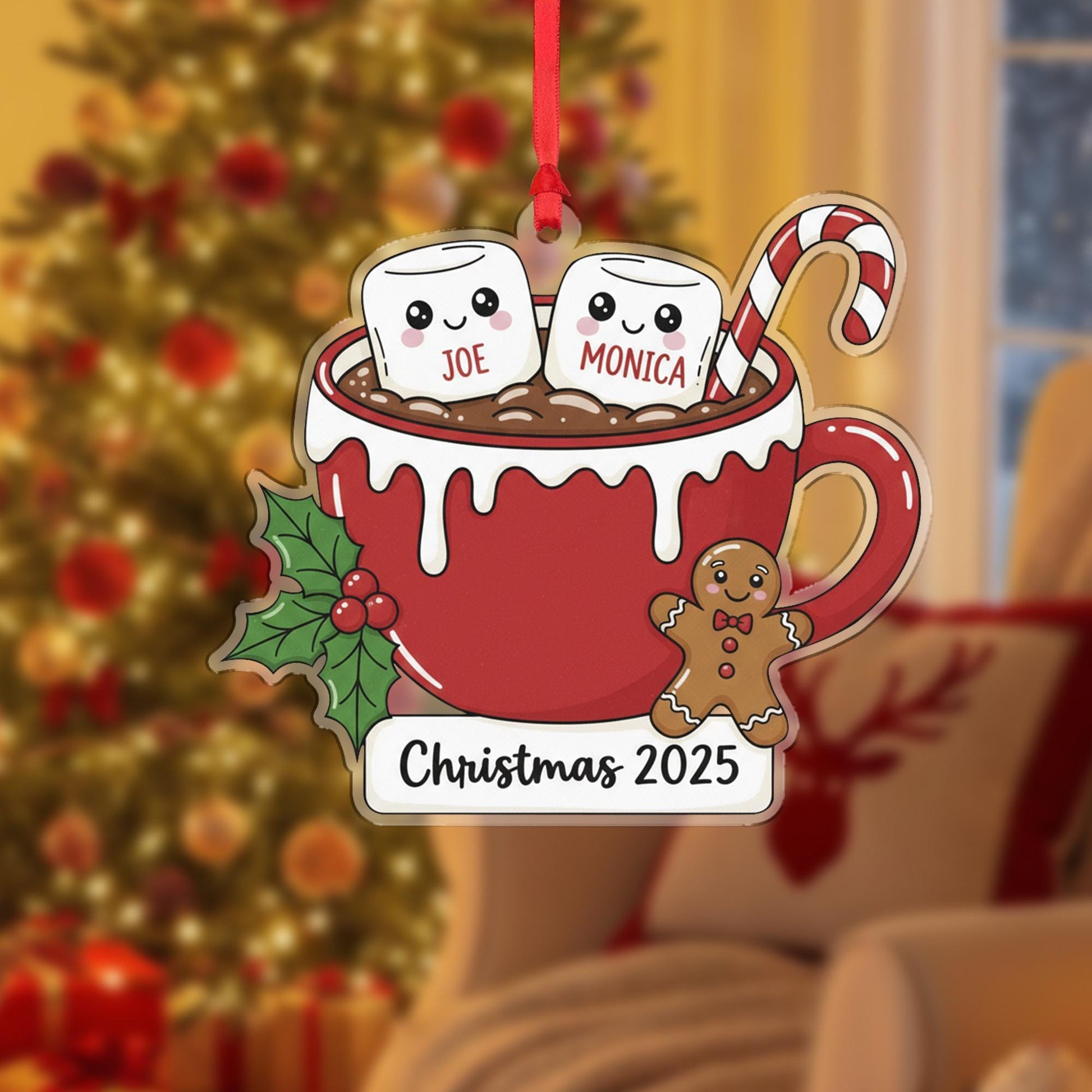 Personalized Christmas Ornament – Hot Cocoa Cup with Marshmallow Names, Candy Cane, Gingerbread, Holly