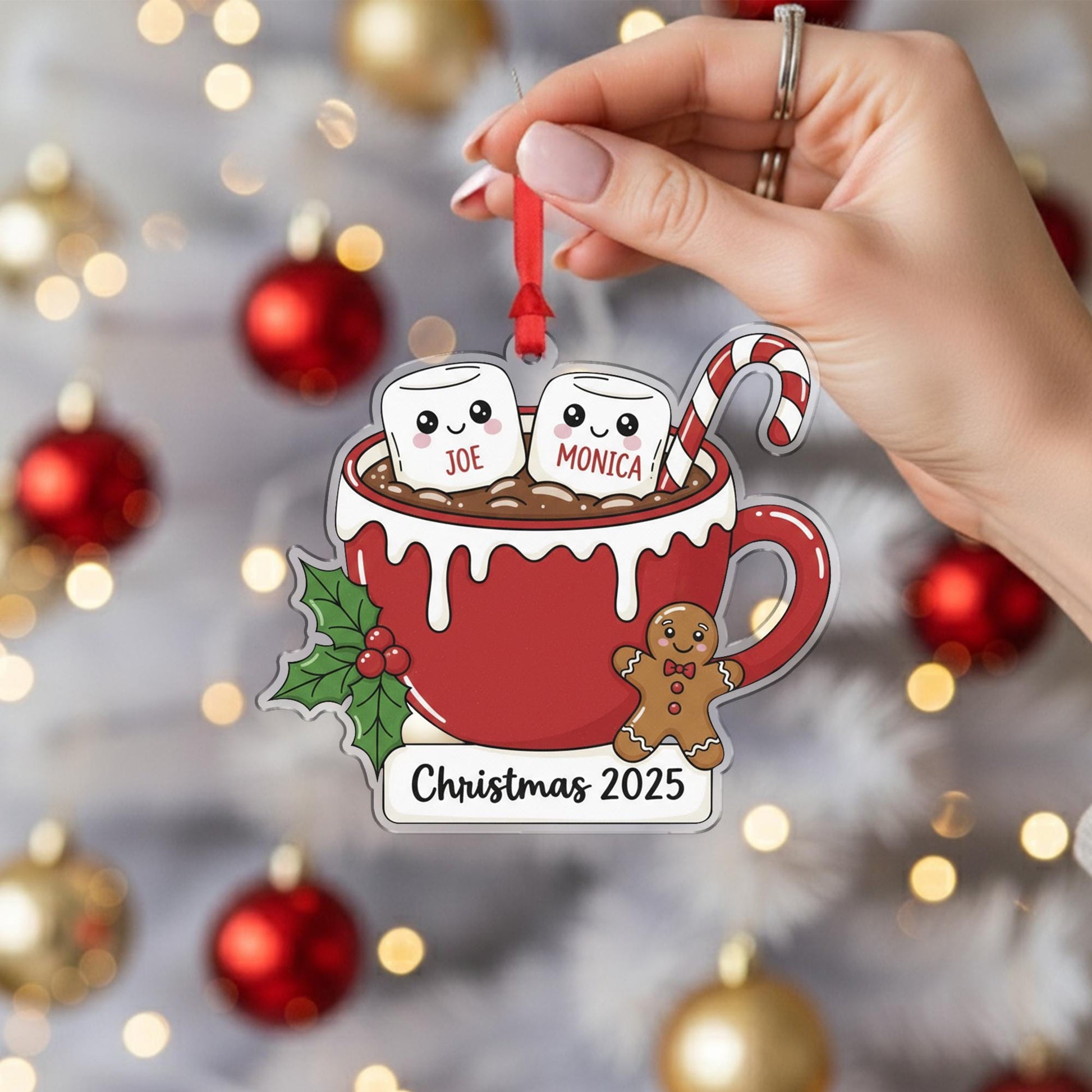 Personalized Christmas Ornament – Hot Cocoa Cup with Marshmallow Names, Candy Cane, Gingerbread, Holly