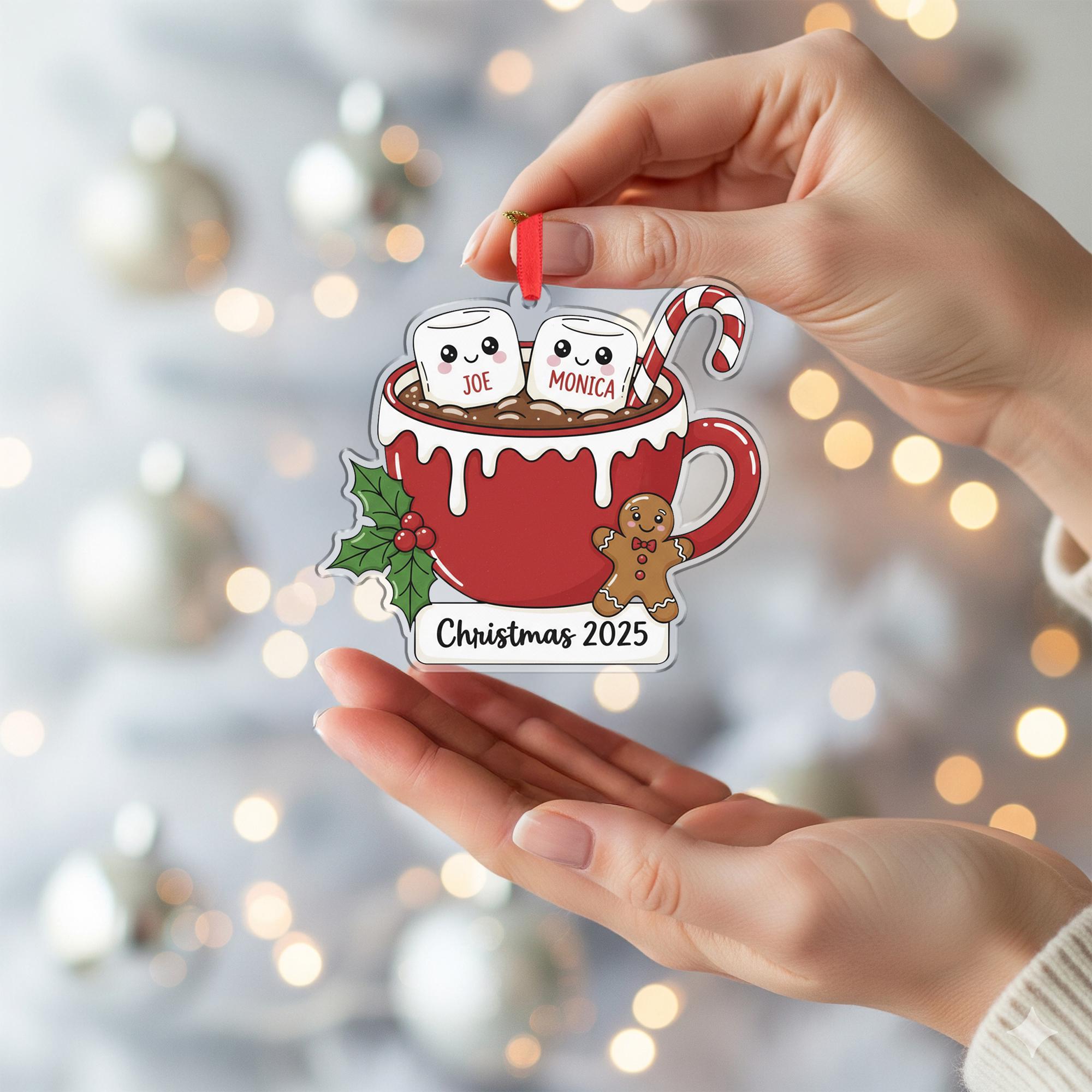 Personalized Christmas Ornament – Hot Cocoa Cup with Marshmallow Names, Candy Cane, Gingerbread, Holly
