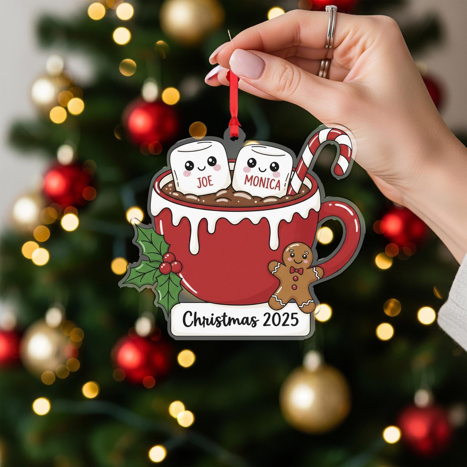 Personalized Christmas Ornament – Hot Cocoa Cup with Marshmallow Names, Candy Cane, Gingerbread, Holly