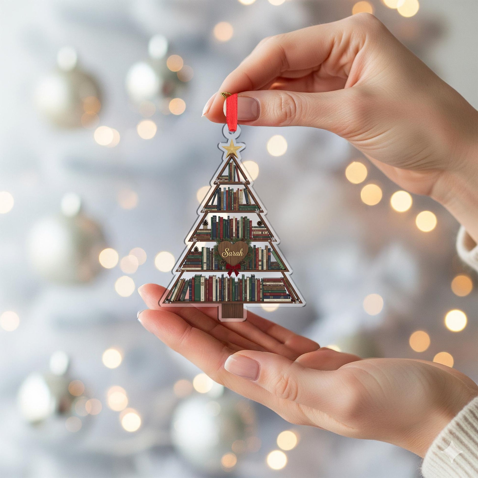 Personalized Book Lover Ornament: Christmas Tree Bookshelf Decoration