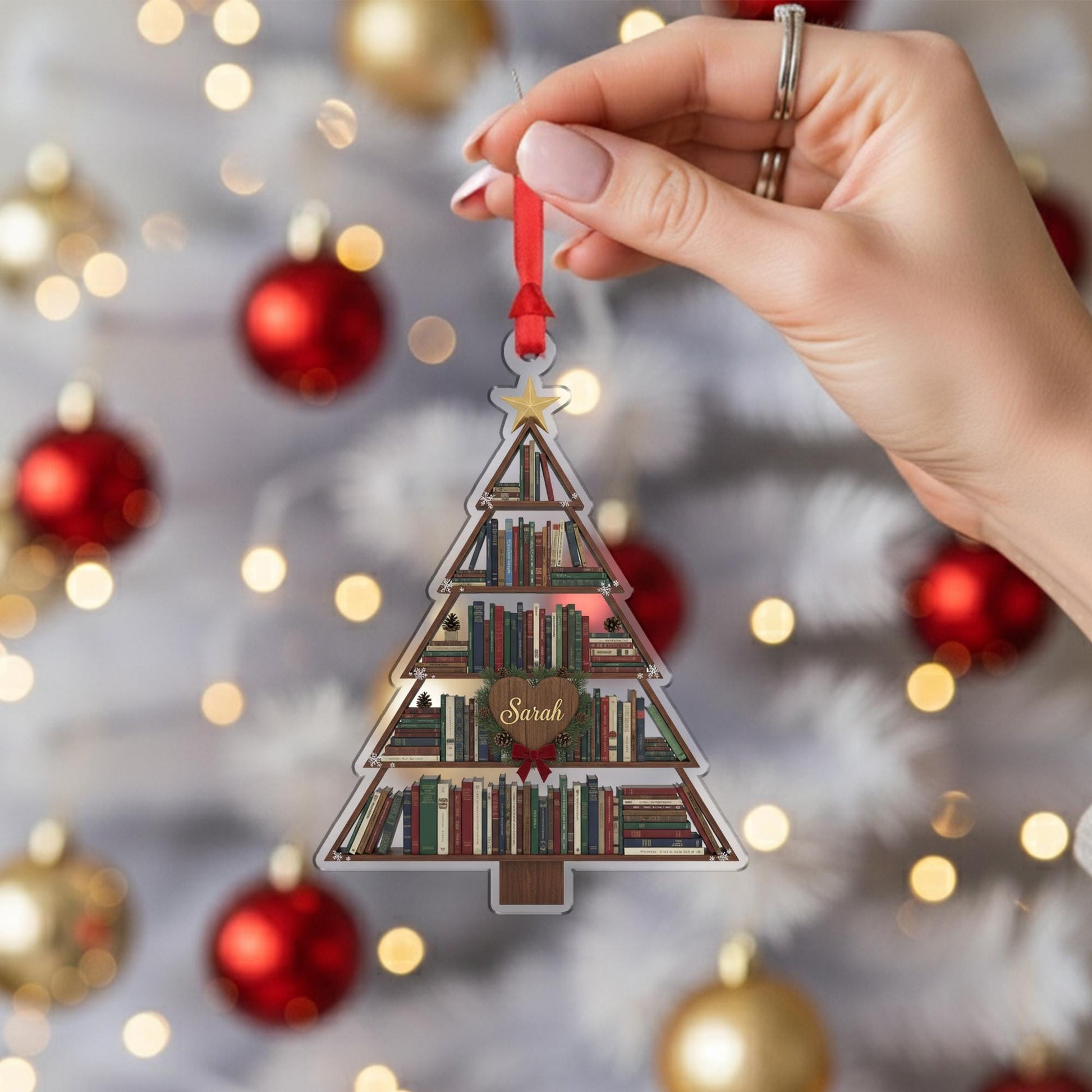 Personalized Book Lover Ornament: Christmas Tree Bookshelf Decoration