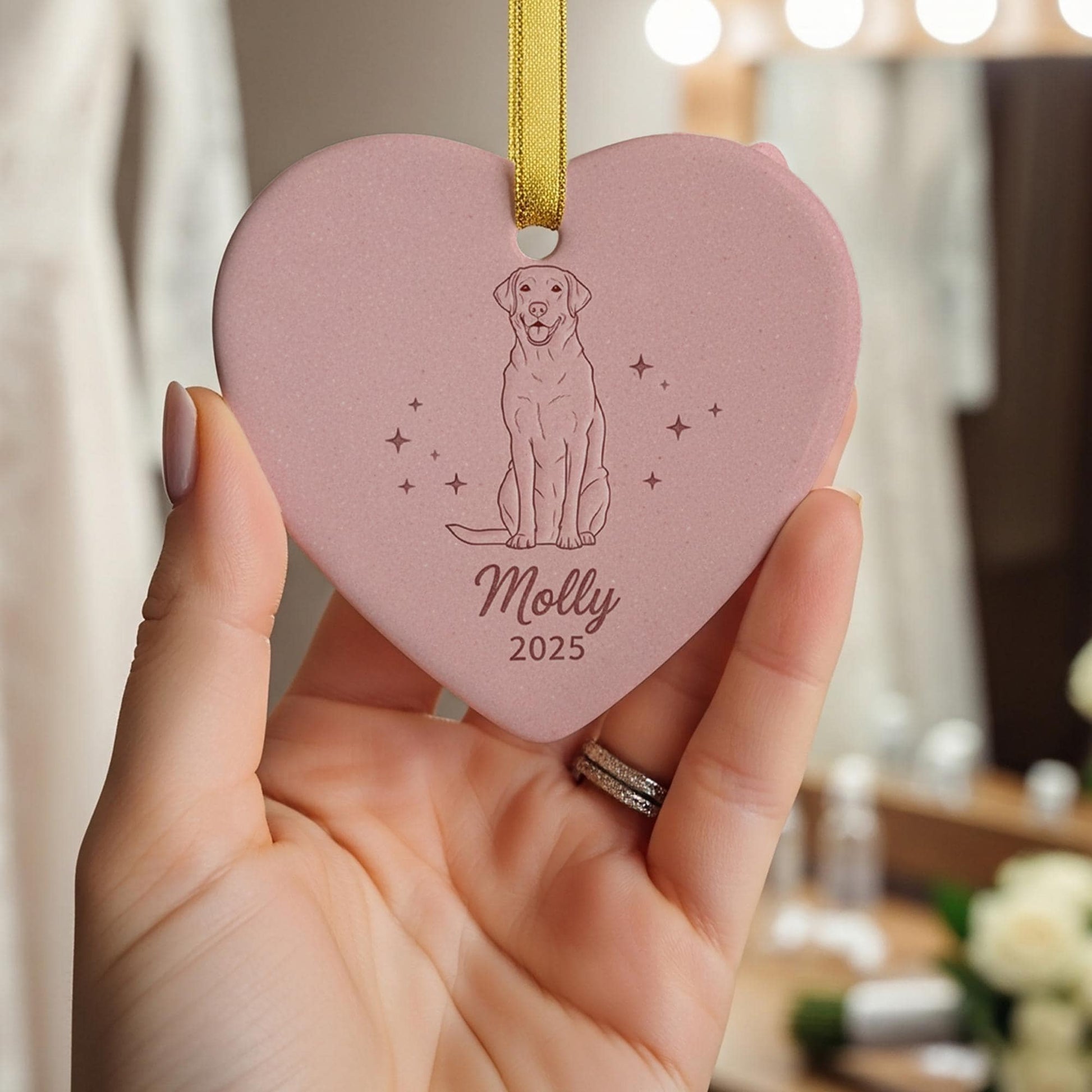 Personalized Ceramic Ornament – Dog Line Art, Heart Shape, Pet Memorial Keepsake