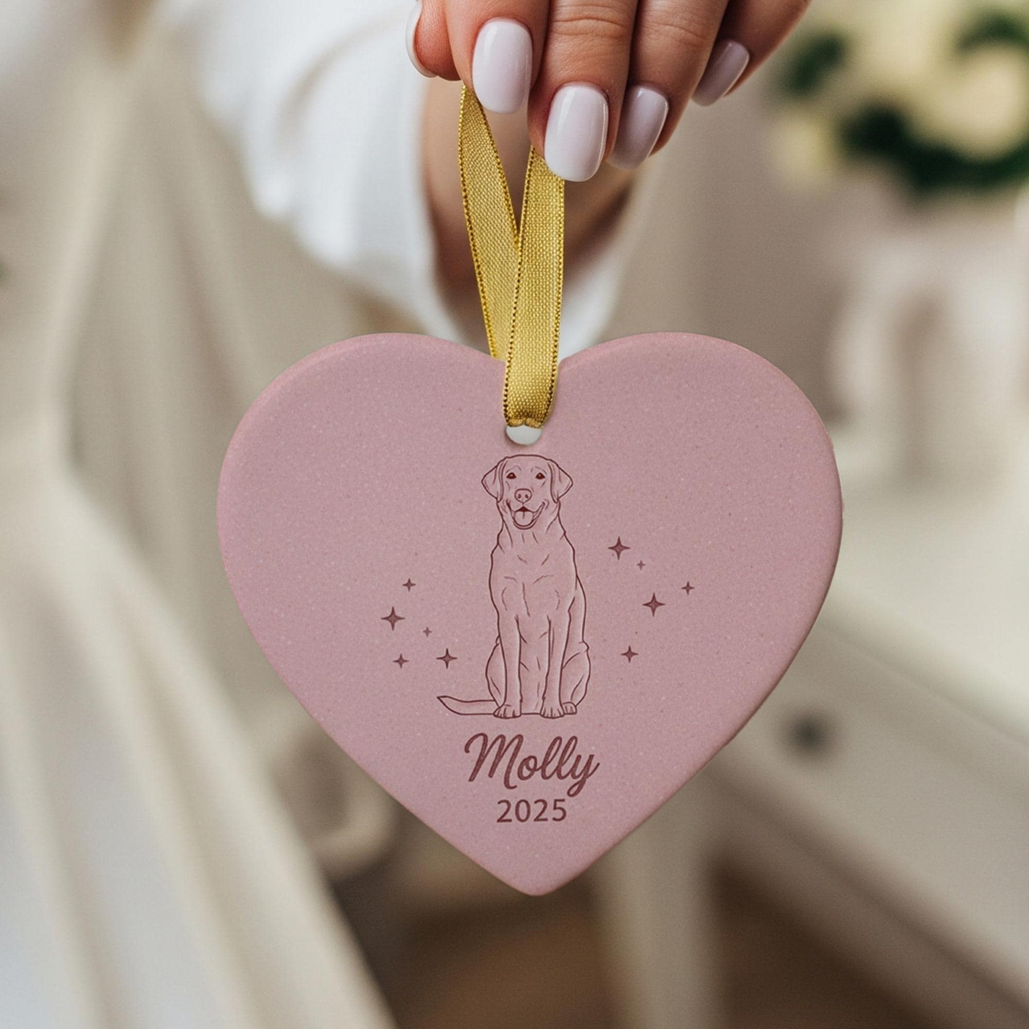 Personalized Ceramic Ornament – Dog Line Art, Heart Shape, Pet Memorial Keepsake