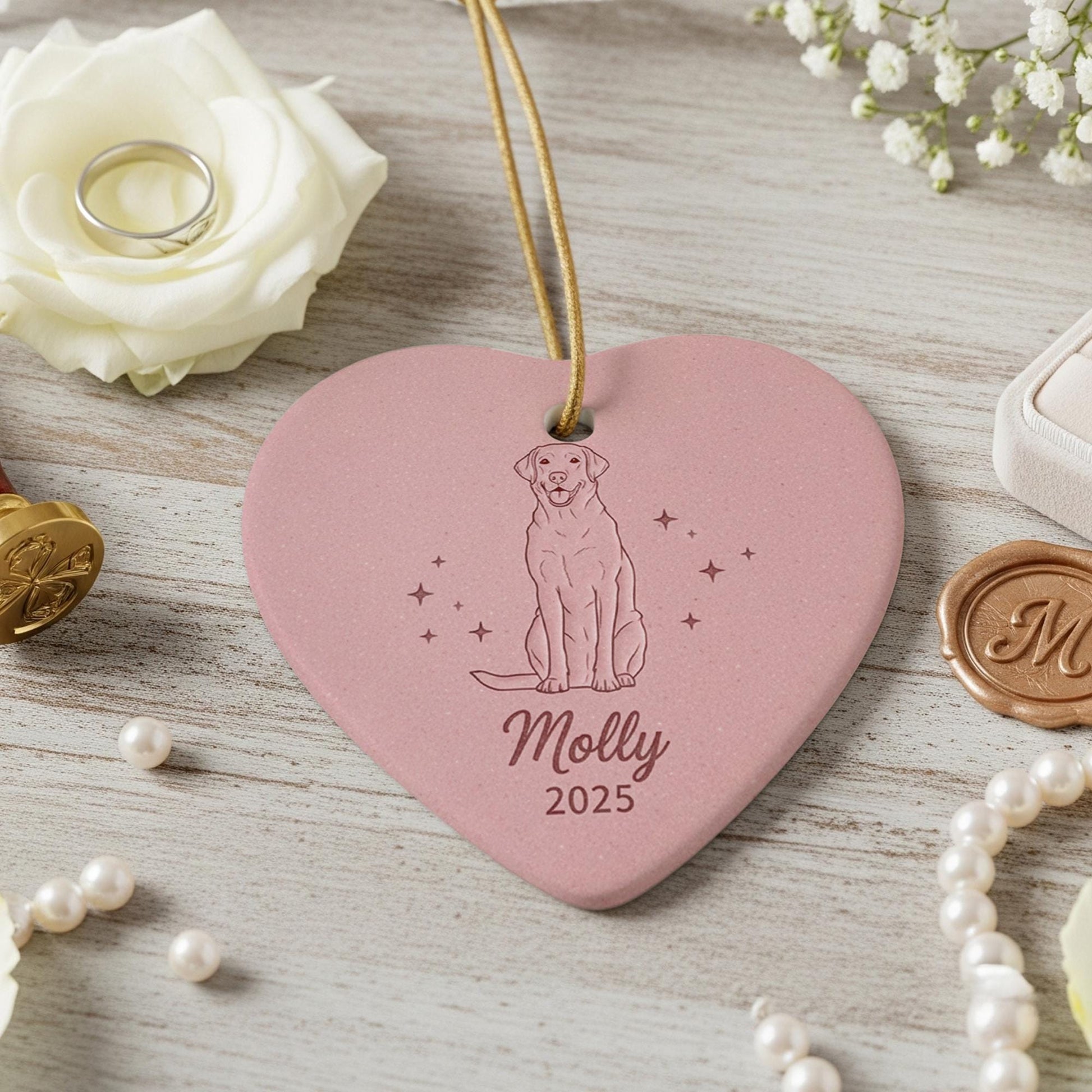 Personalized Ceramic Ornament – Dog Line Art, Heart Shape, Pet Memorial Keepsake