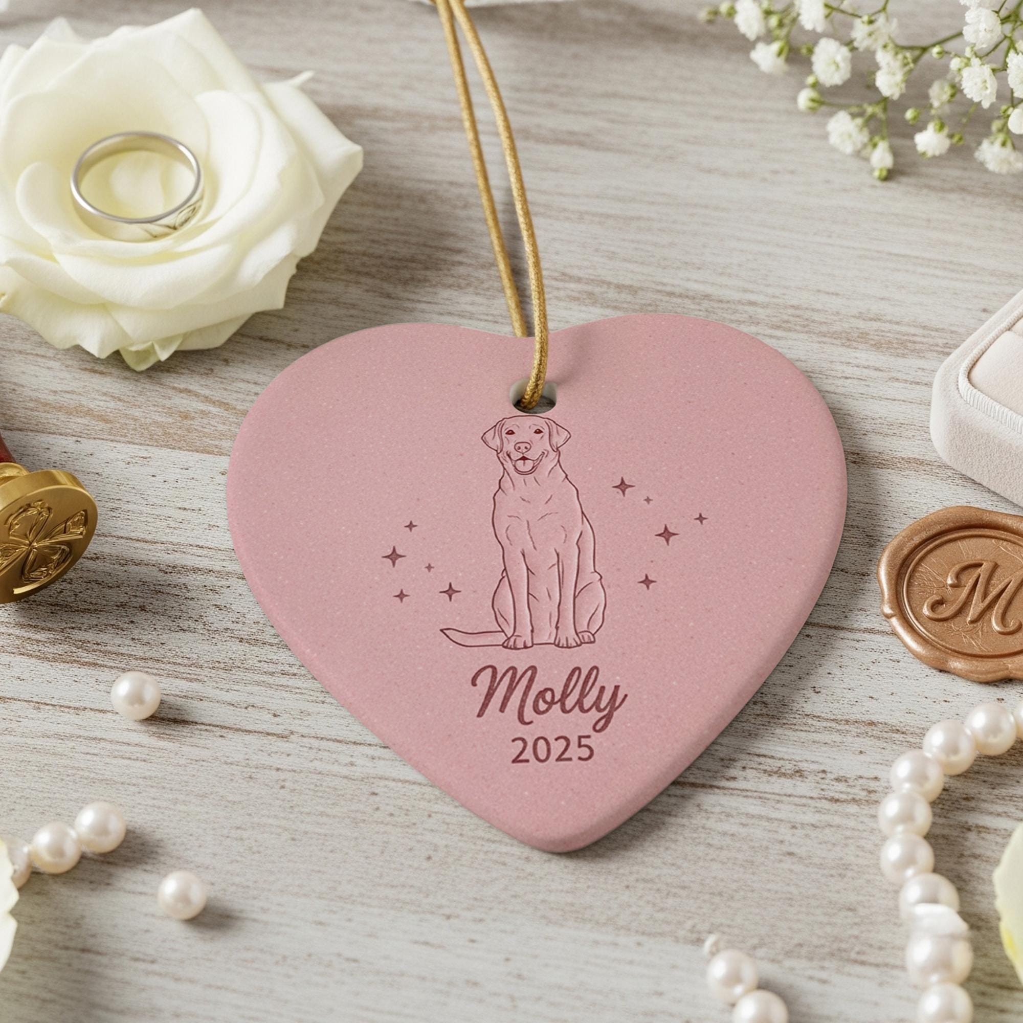 Personalized Ceramic Ornament – Dog Line Art, Heart Shape, Pet Memorial Keepsake
