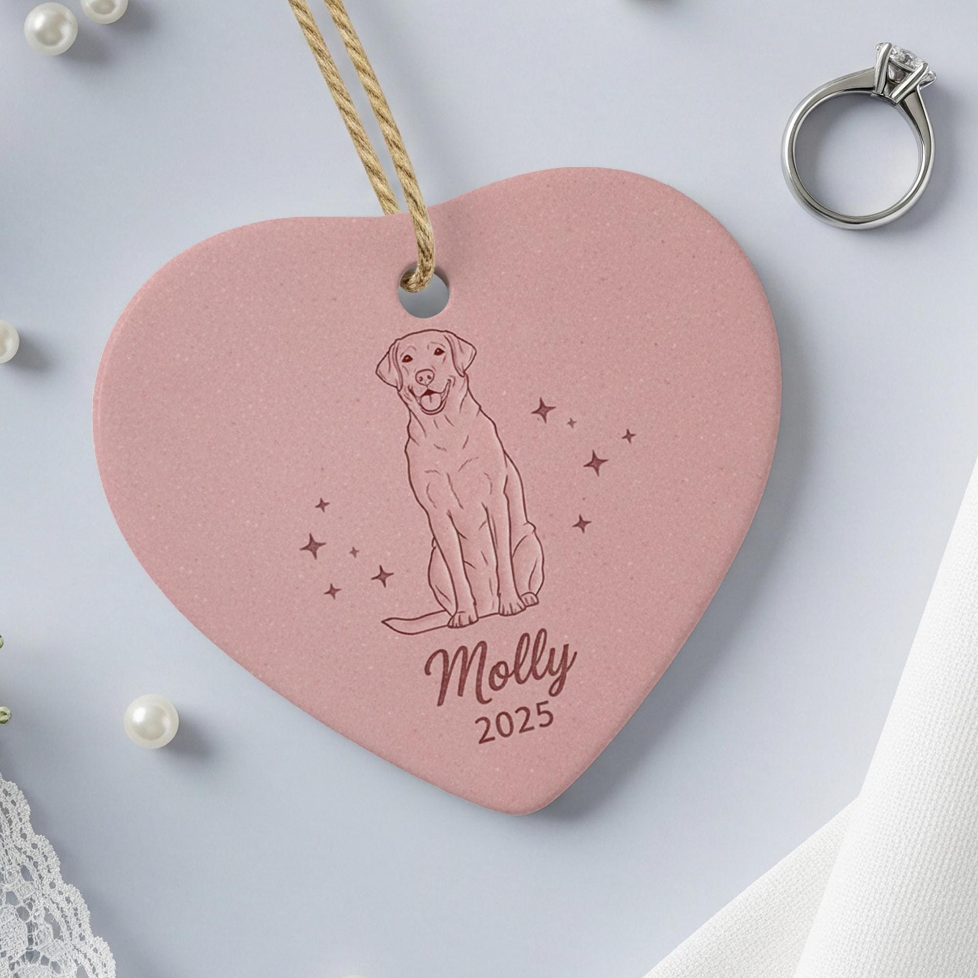 Personalized Ceramic Ornament – Dog Line Art, Heart Shape, Pet Memorial Keepsake