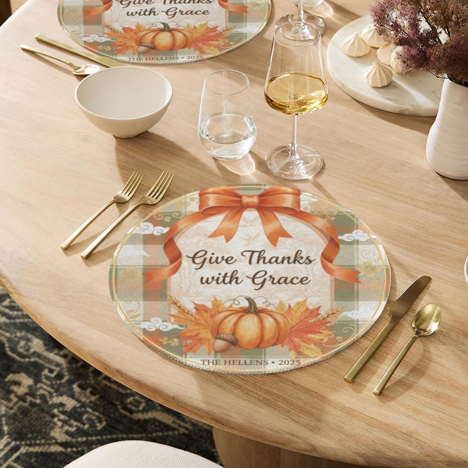 Thanksgiving Round Placemat – Personalized Fall Table Decor Pumpkin Design 2025