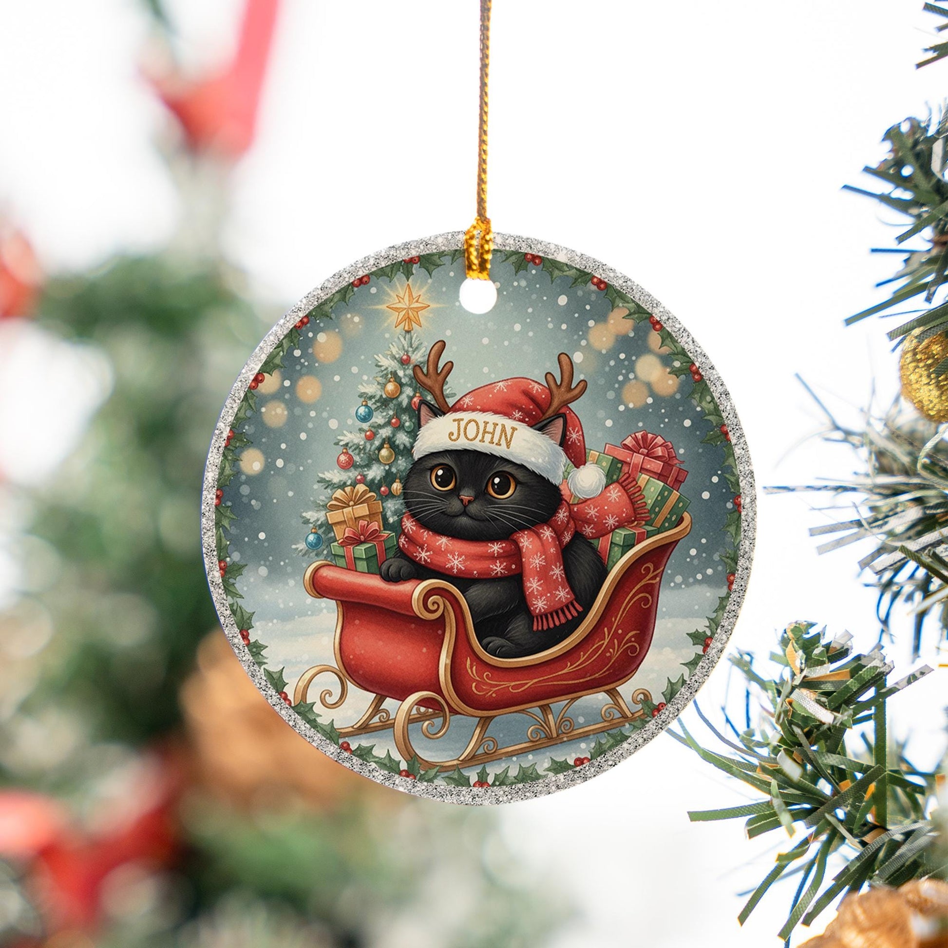 Personalized Black Cat Ornament: Double-Sided Ceramic, Pet Lover Gift