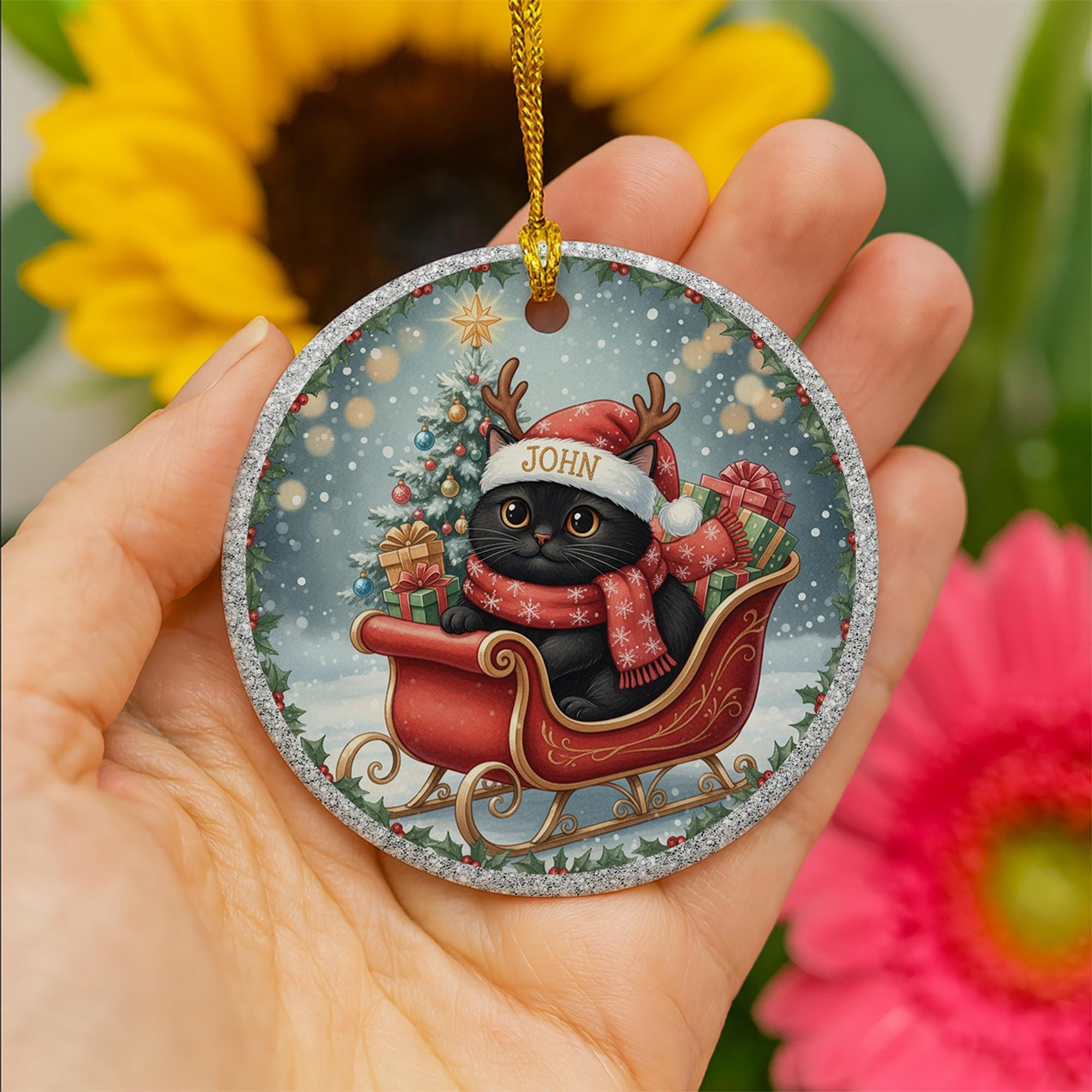 Personalized Black Cat Ornament: Double-Sided Ceramic, Pet Lover Gift