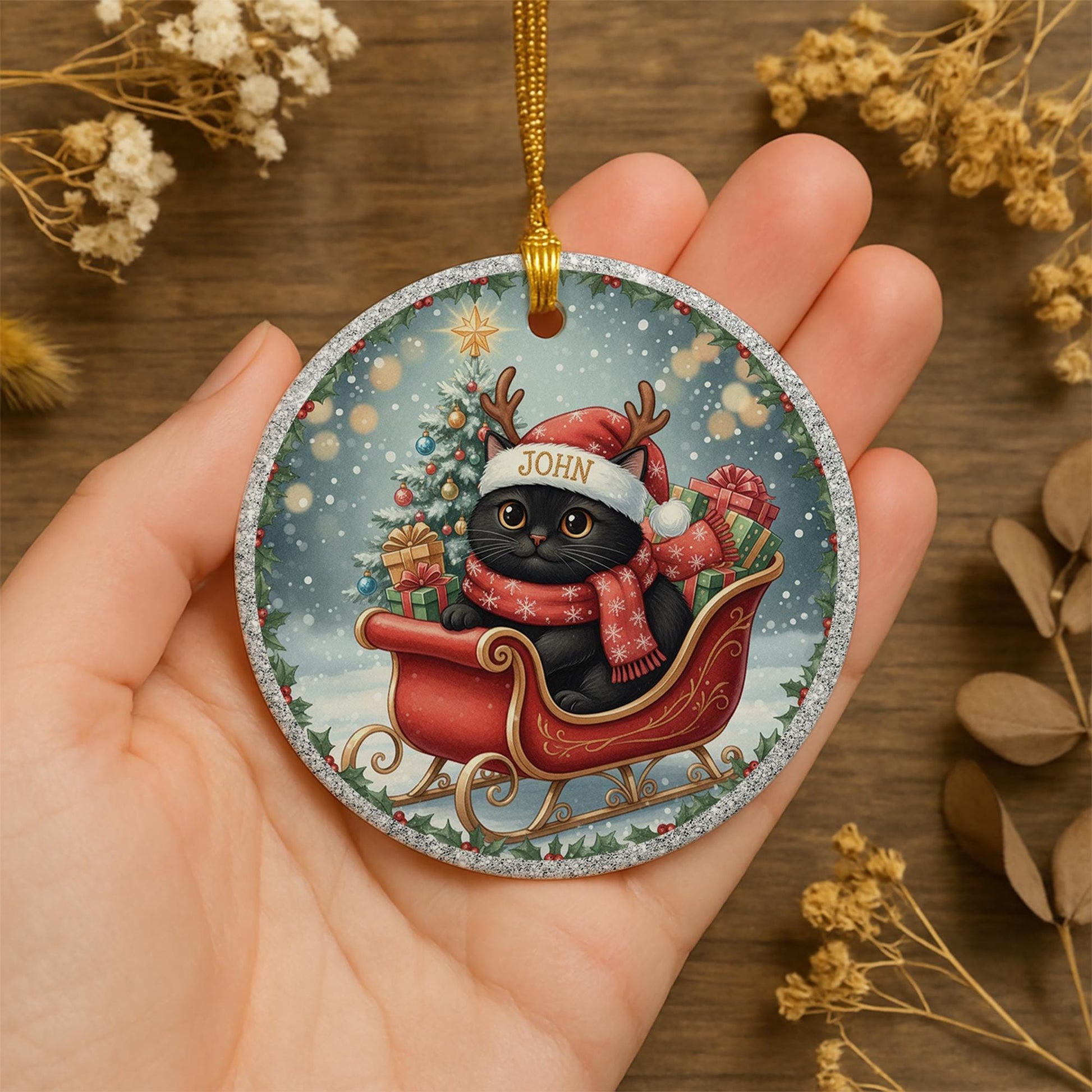 Personalized Black Cat Ornament: Double-Sided Ceramic, Pet Lover Gift