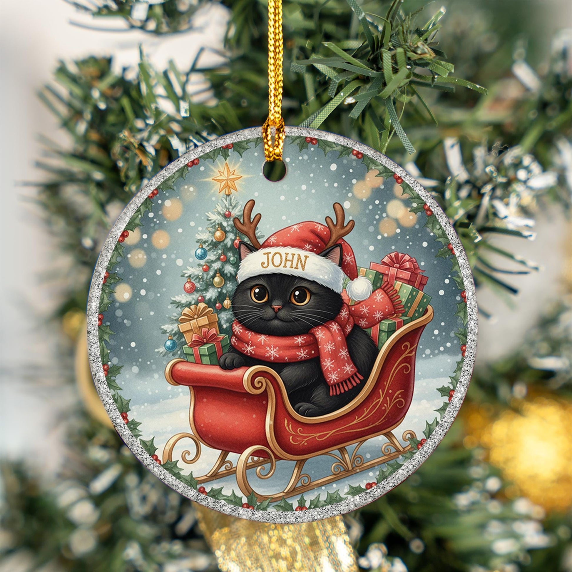 Personalized Black Cat Ornament: Double-Sided Ceramic, Pet Lover Gift