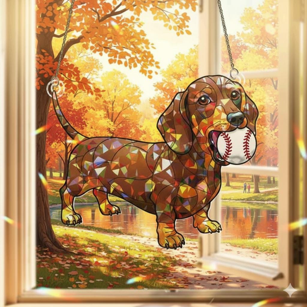 Dachshund Suncatcher With Baseball, Acrylic Window Hanging