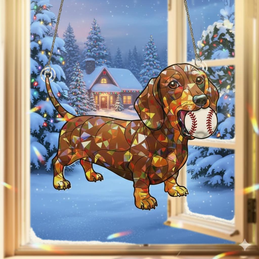 Dachshund Suncatcher With Baseball, Acrylic Window Hanging