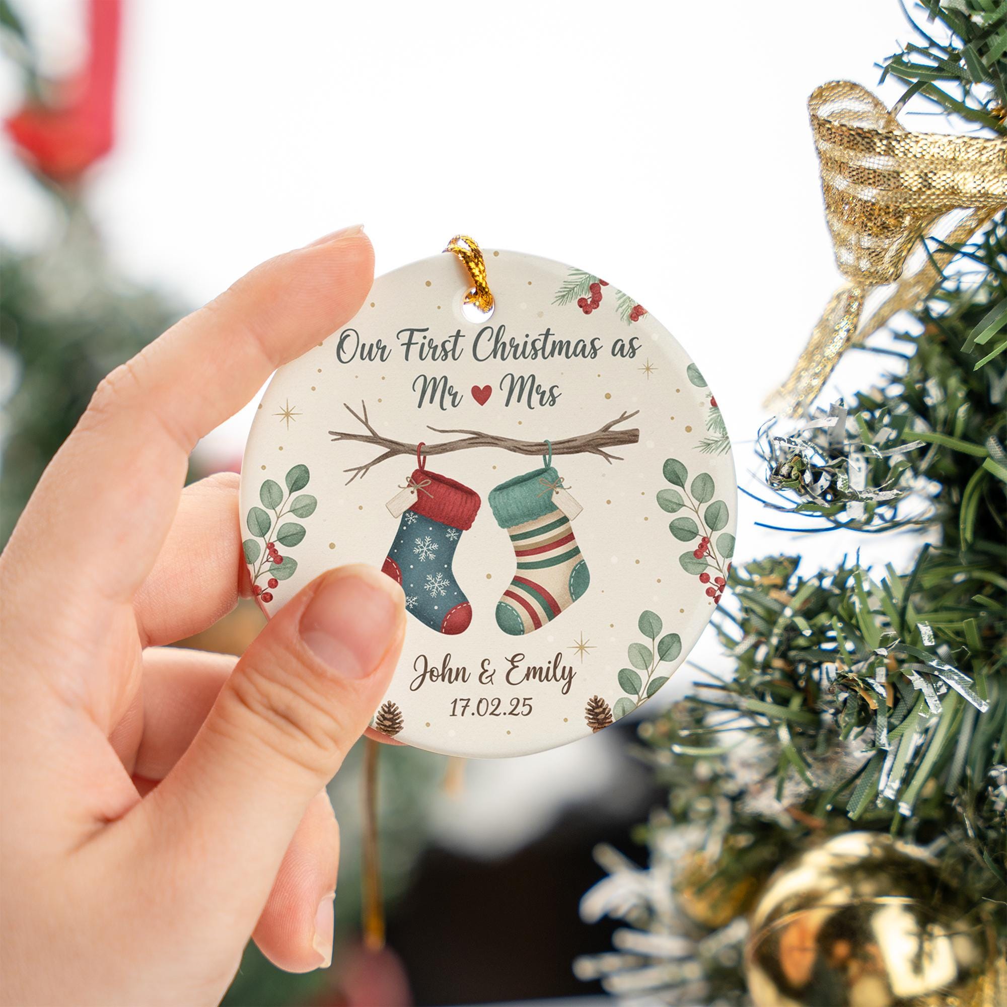 Personalized Ceramic Ornament – First Christmas Married with Stockings and Greenery