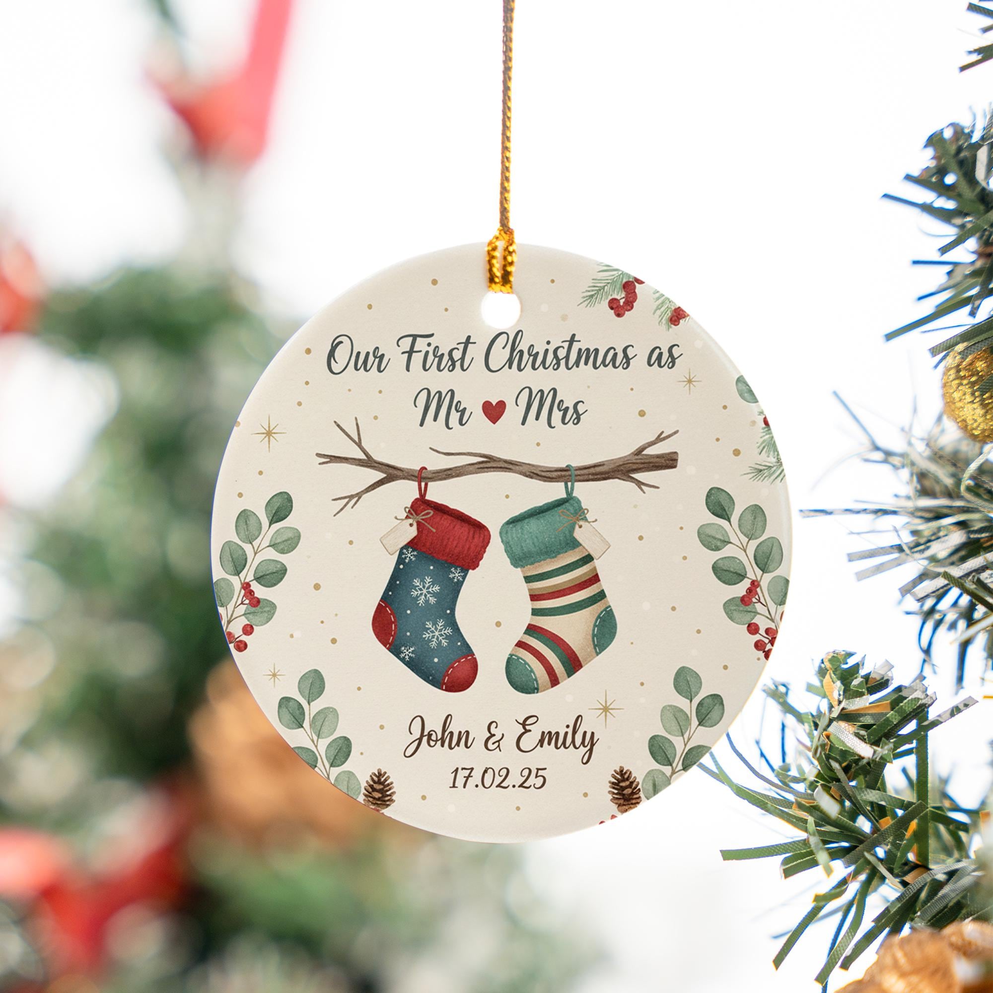 Personalized Ceramic Ornament – First Christmas Married with Stockings and Greenery