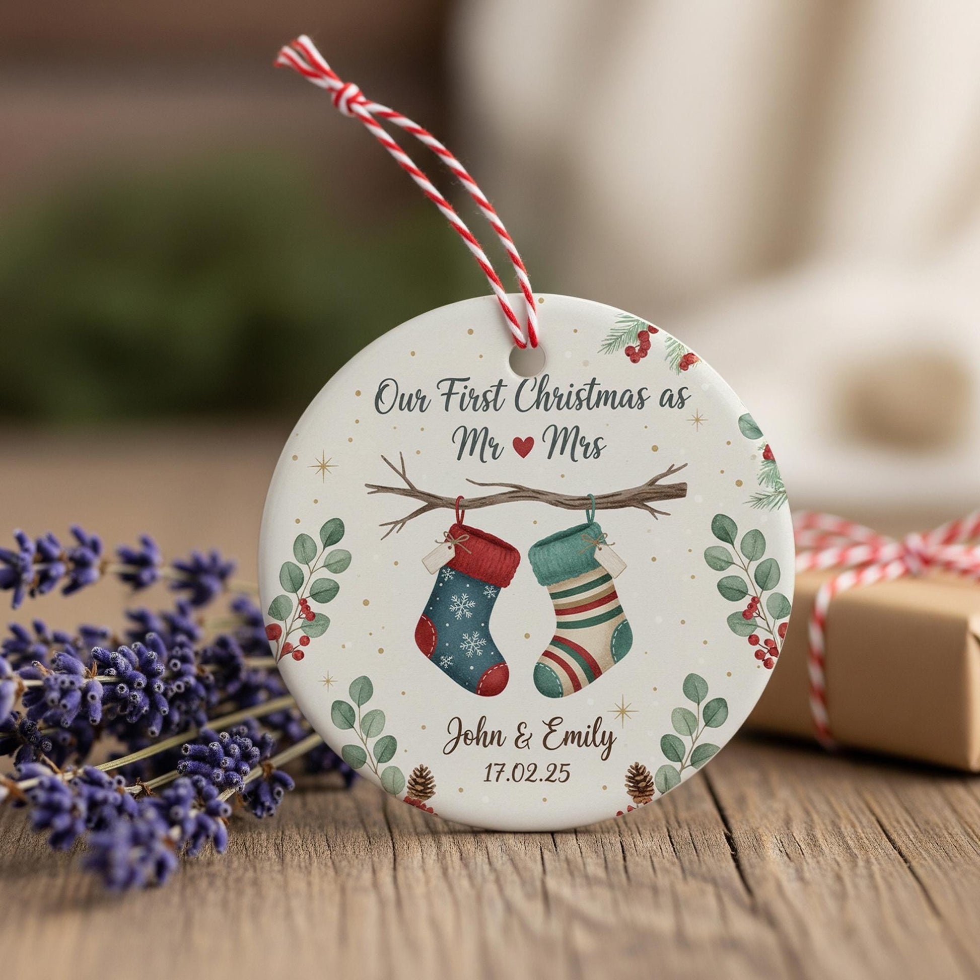Personalized Ceramic Ornament – First Christmas Married with Stockings and Greenery