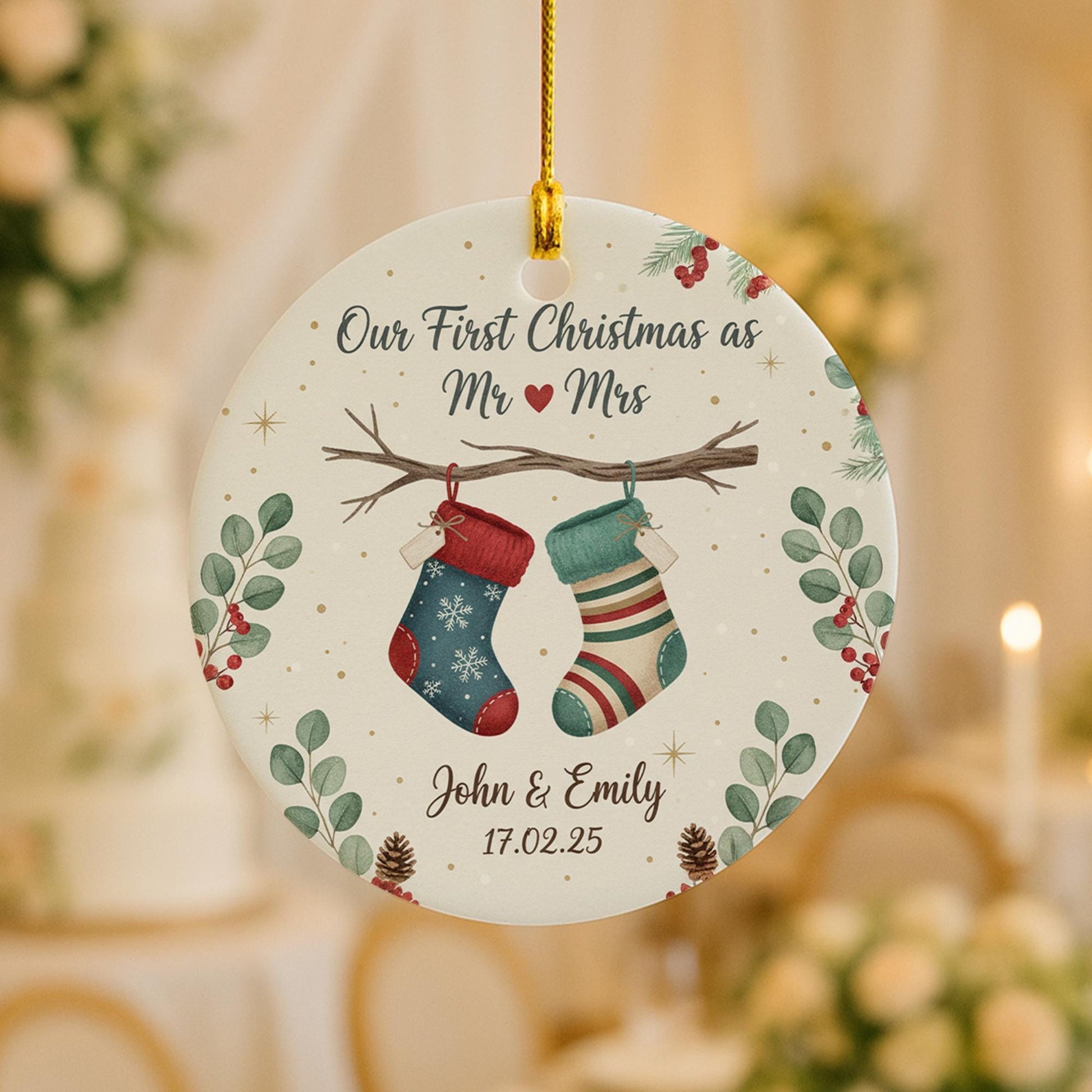 Personalized Ceramic Ornament – First Christmas Married with Stockings and Greenery