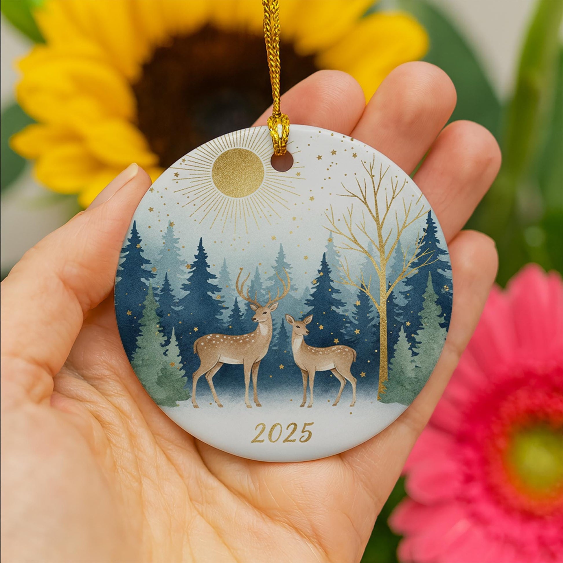 Deer Ceramic Christmas Ornament: Rustic Winter Nature Tree Decoration