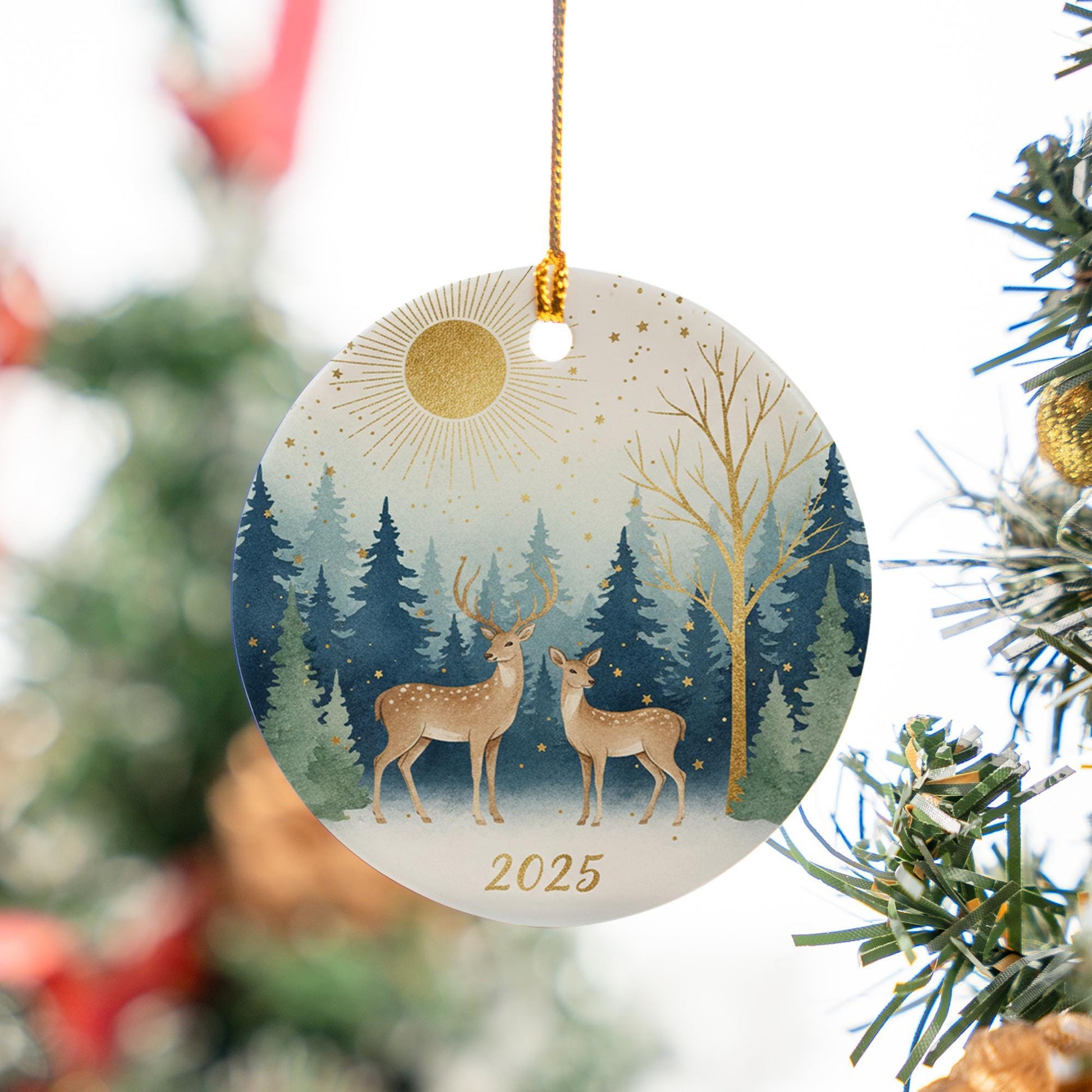 Deer Ceramic Christmas Ornament: Rustic Winter Nature Tree Decoration