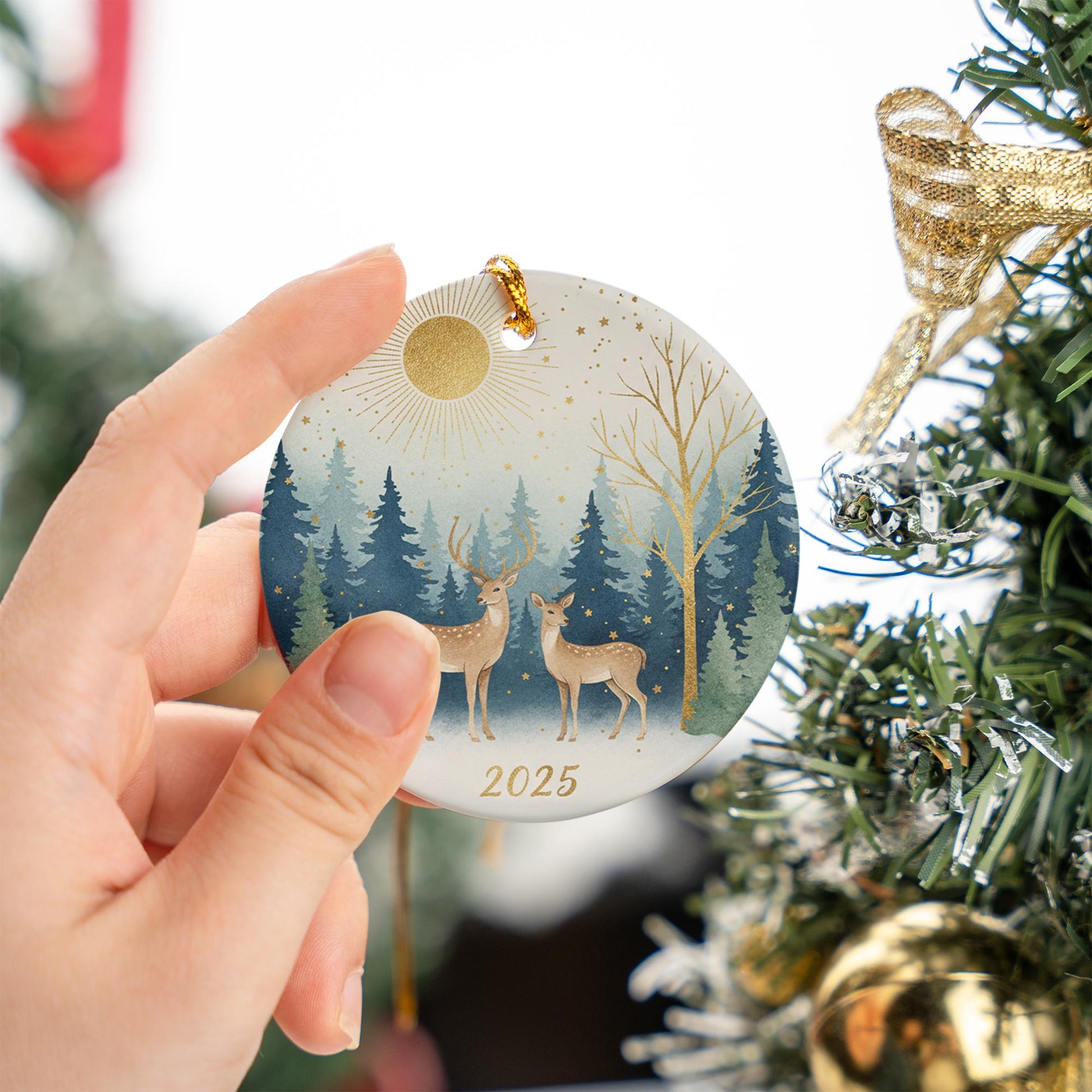 Deer Ceramic Christmas Ornament: Rustic Winter Nature Tree Decoration