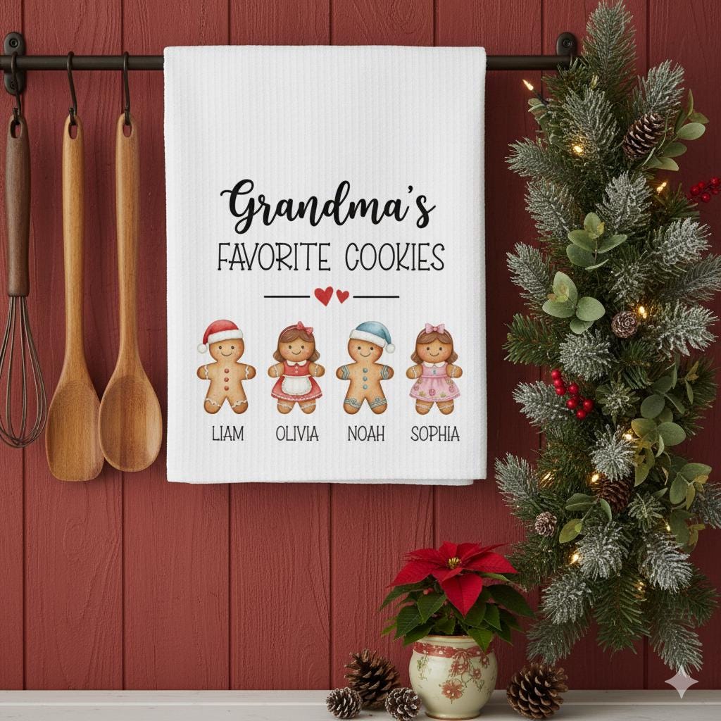 Custom Kitchen Towel | Gingerbread Cookie Family Holiday Decor