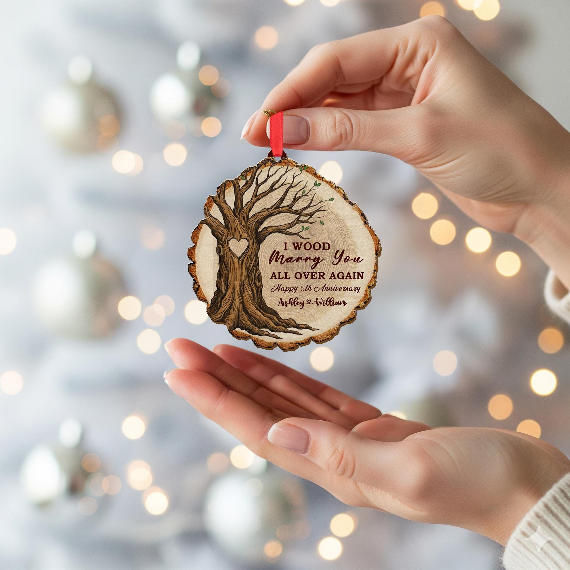 Wood Anniversary Ornament – Personalized Tree Slice Gift for Couple 5th Year