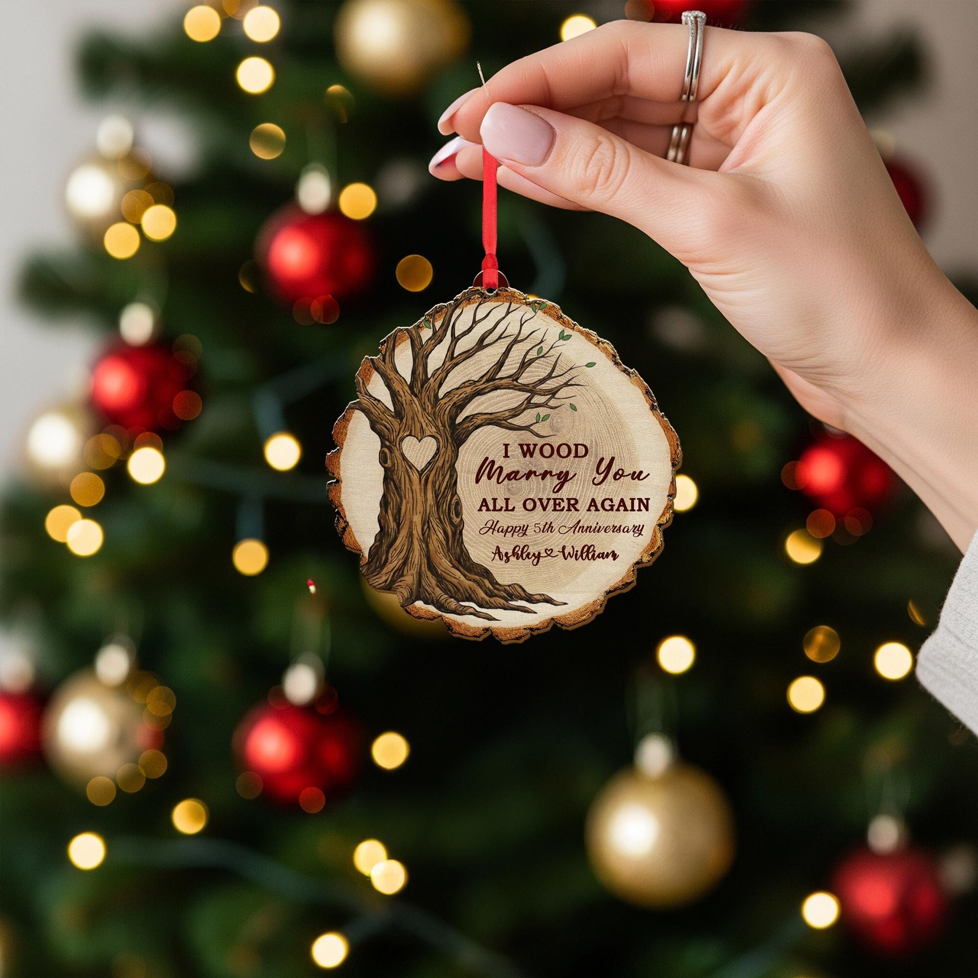 Wood Anniversary Ornament – Personalized Tree Slice Gift for Couple 5th Year