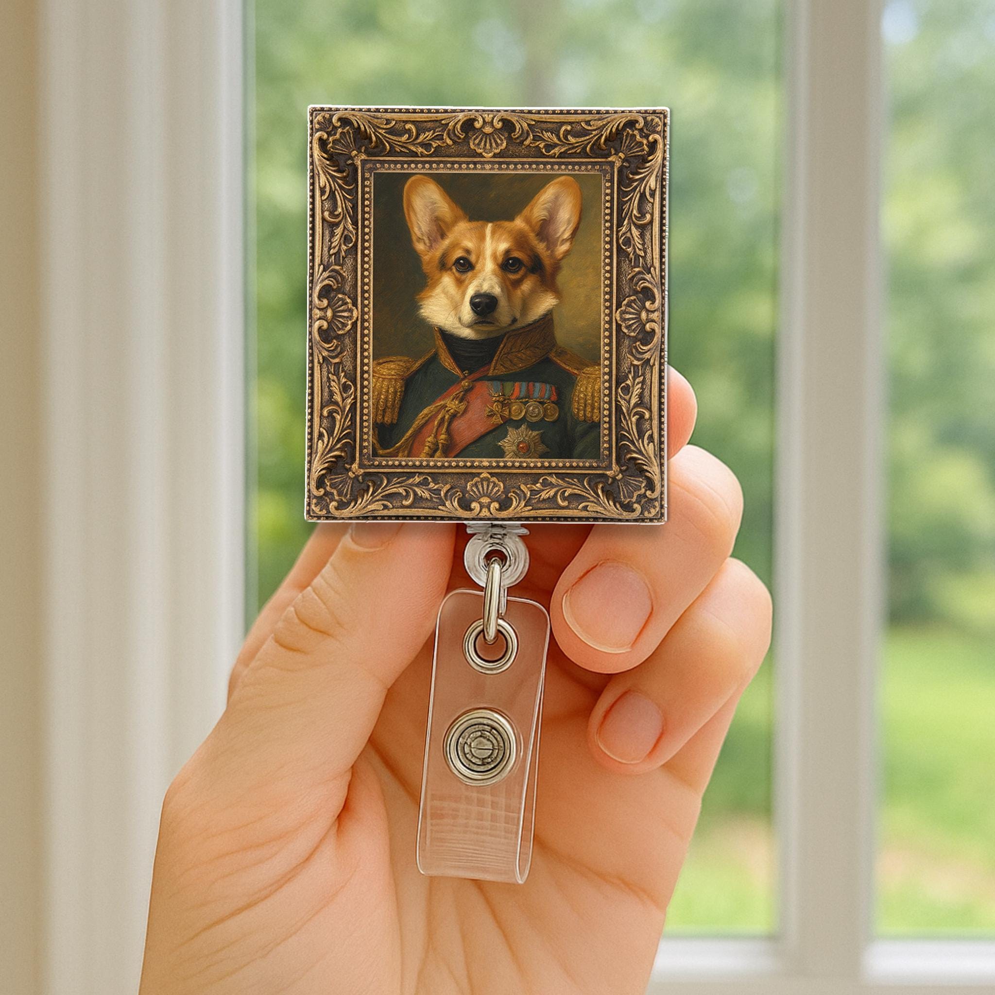 Custom Pet Portrait Badge Reel – Retractable ID Holder with Vintage Frame Design