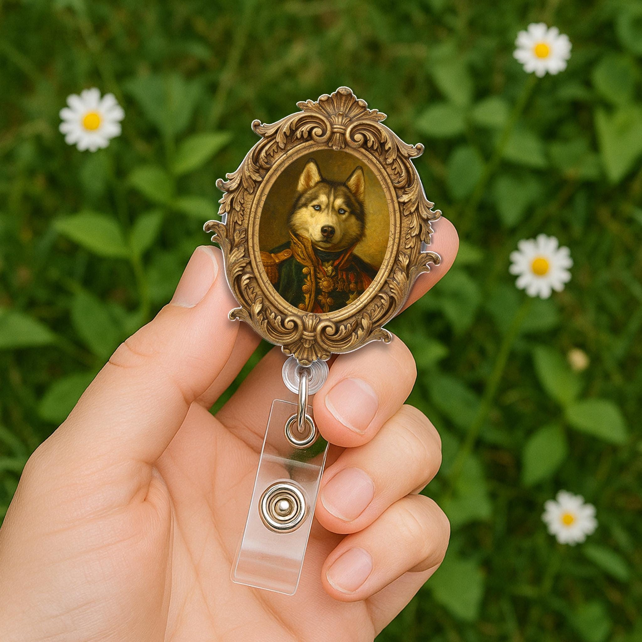 Custom Pet Portrait Badge Reel – Retractable ID Holder with Vintage Frame Design