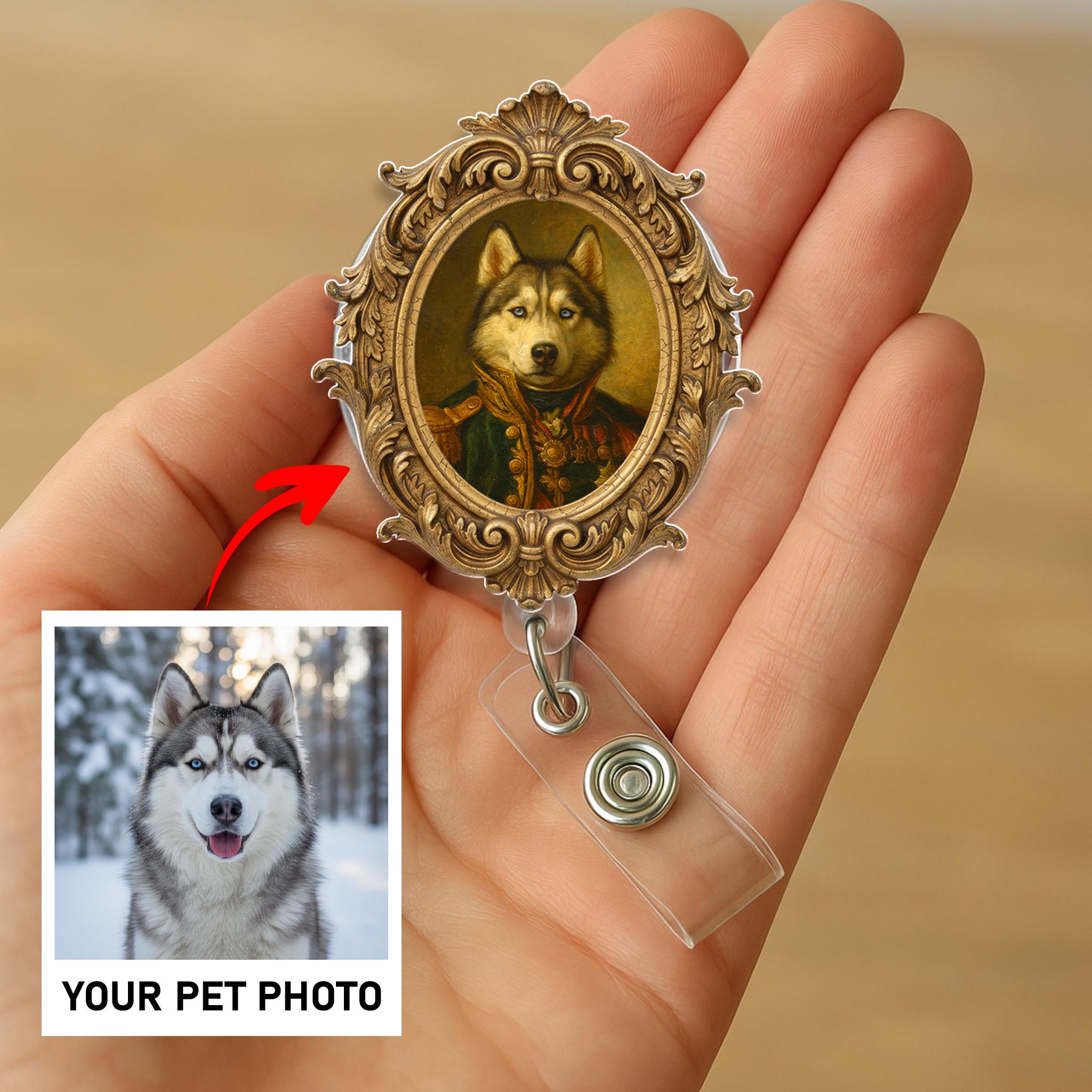 Custom Pet Portrait Badge Reel – Retractable ID Holder with Vintage Frame Design