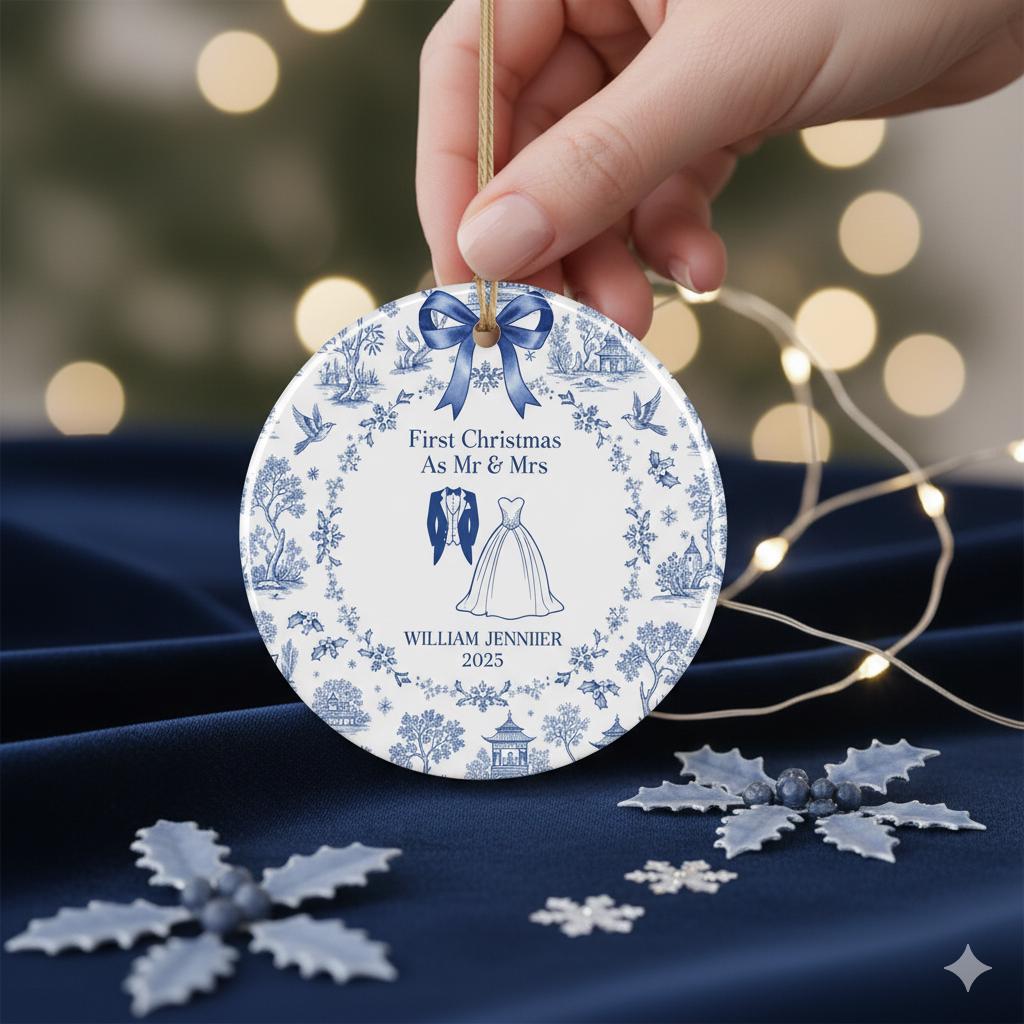 First Christmas Married Ornament – Personalized Mr and Mrs Ceramic Keepsake 2025