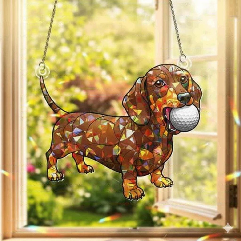 Dachshund Acrylic Suncatcher With Golf Ball, Window Hanging