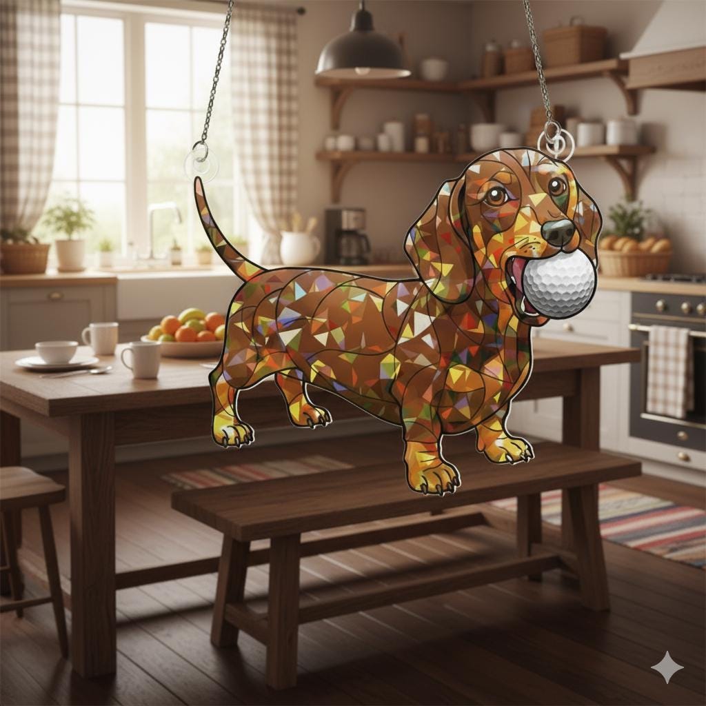 Dachshund Acrylic Suncatcher With Golf Ball, Window Hanging