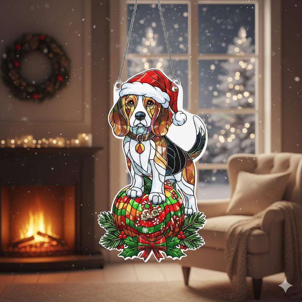 Beagle Acrylic Suncatcher, Santa Hat Christmas Window Hanging
