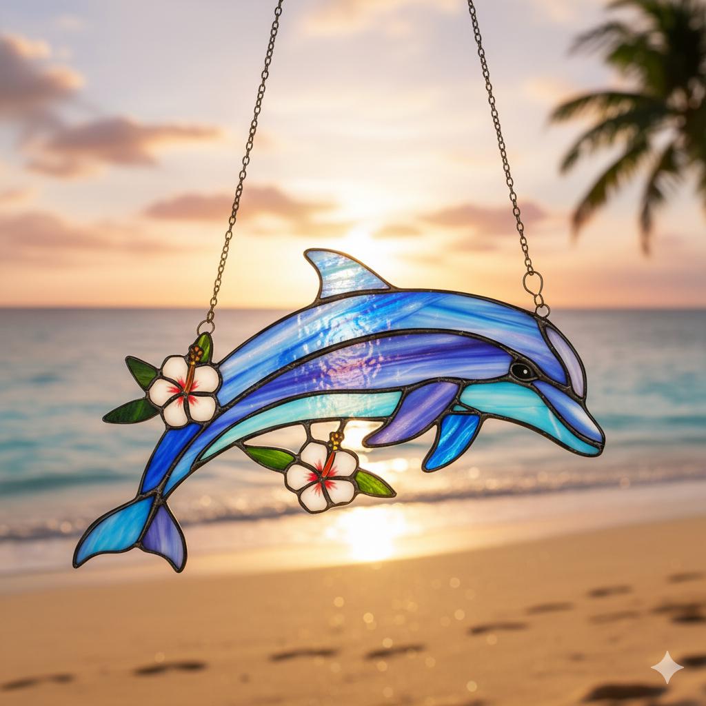 Dolphin Suncatcher With Hibiscus, Ocean Window Hanging