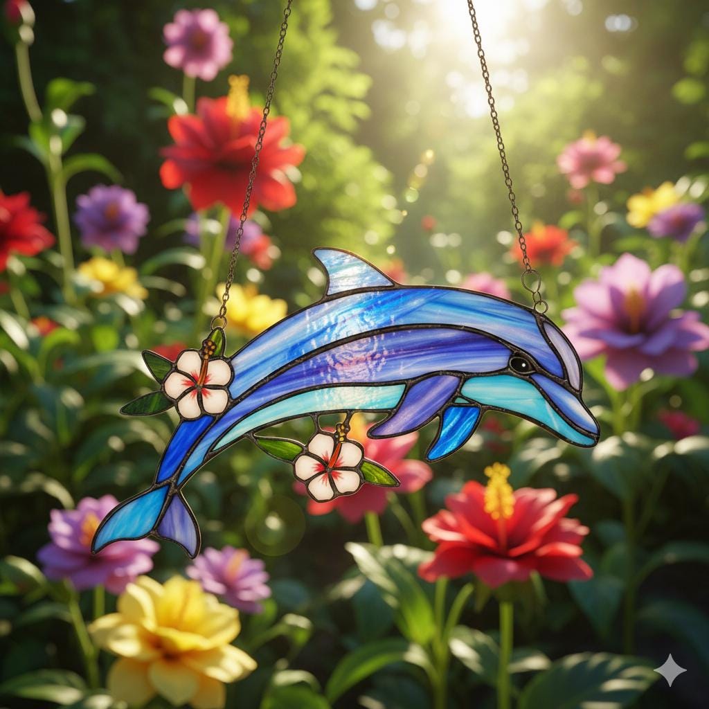 Dolphin Suncatcher With Hibiscus, Ocean Window Hanging