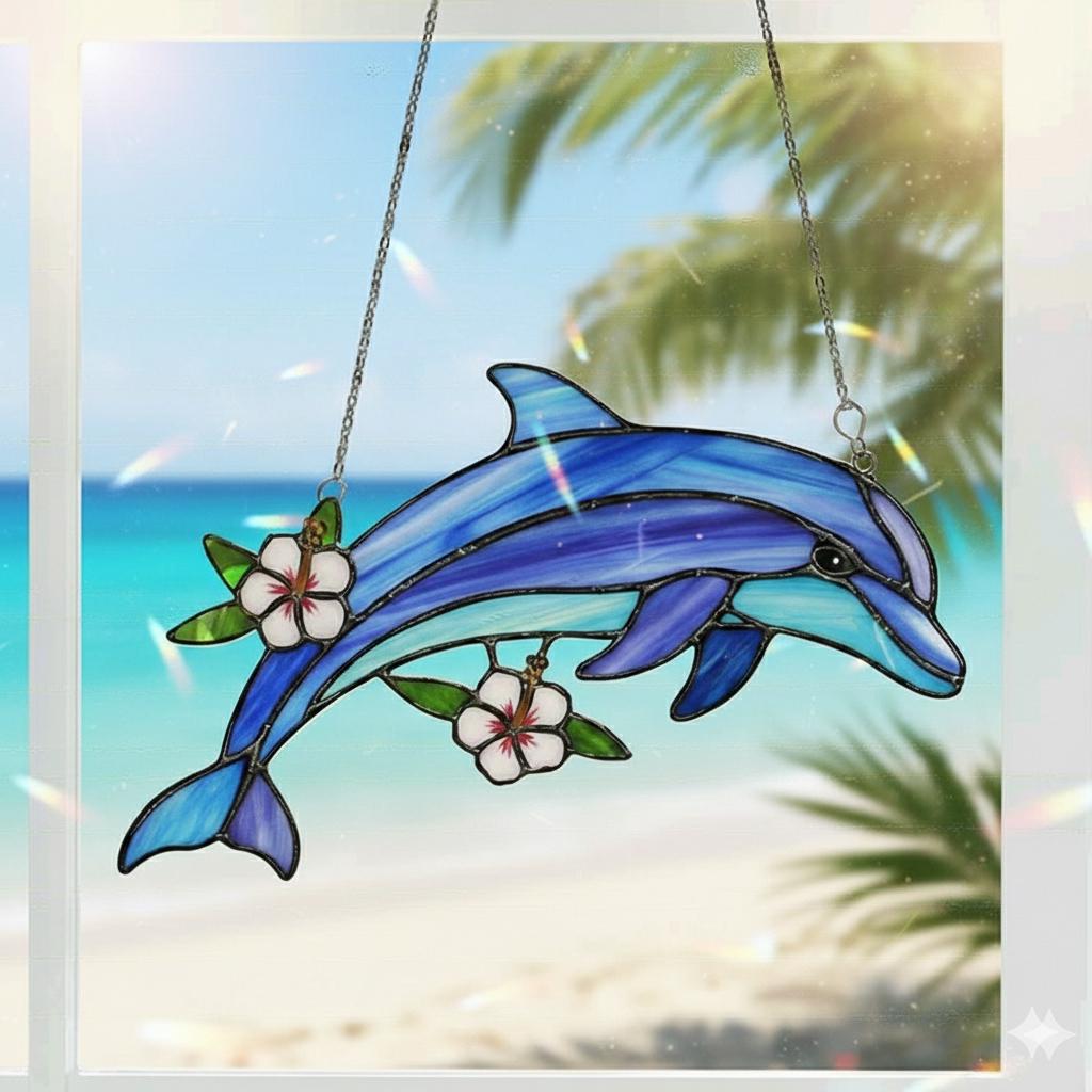 Dolphin Suncatcher With Hibiscus, Ocean Window Hanging
