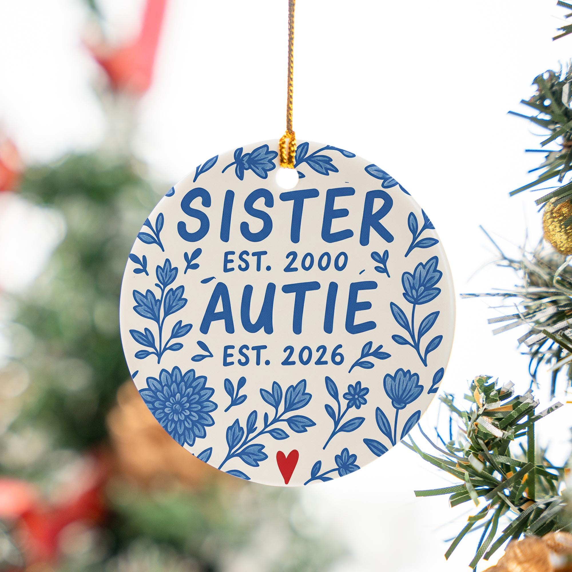 Baby Announcement Ornament, Ceramic Round, Personalized Est Year Text, Sister or Auntie, Blue Floral