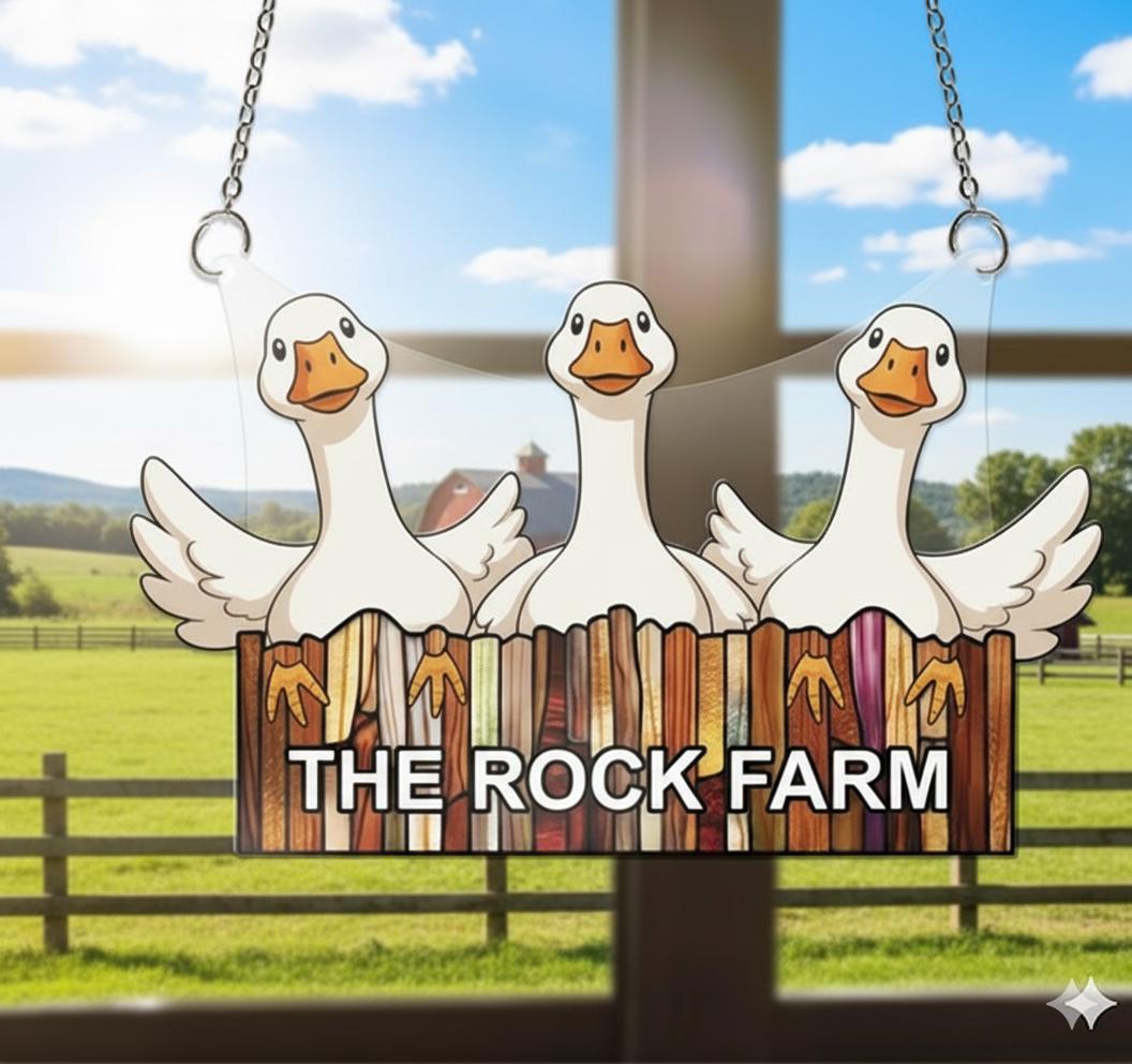 Geese Window Hanging, Farm Suncatcher Acrylic, Chain Hanger, Rustic Fence, White Geese Decor