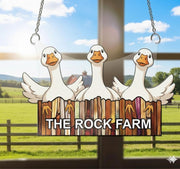 Geese Window Hanging, Farm Suncatcher Acrylic, Chain Hanger, Rustic Fence, White Geese Decor