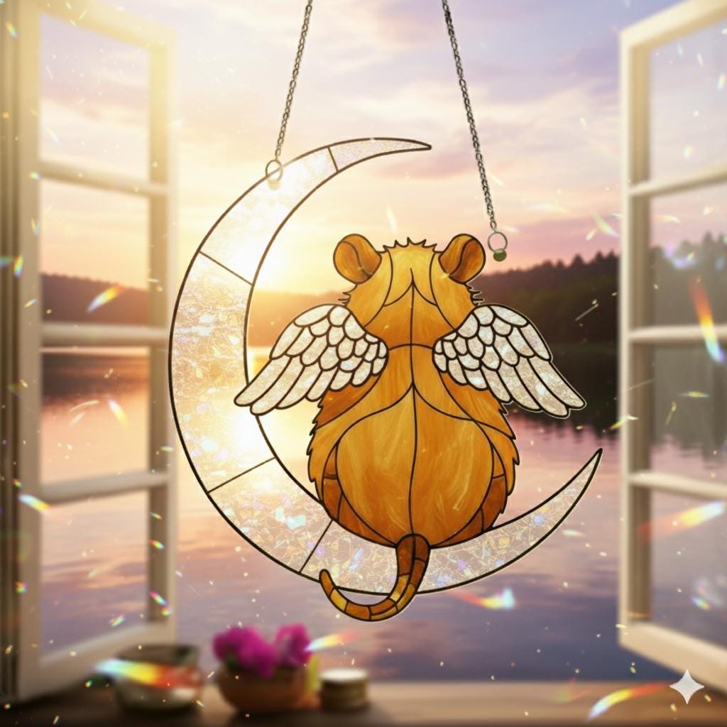 Hamster Memorial Window Hanging, Angel Wings Crescent Moon Suncatcher, Acrylic Pet Loss Decor