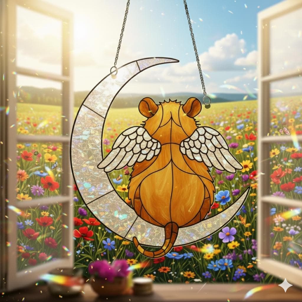 Hamster Memorial Window Hanging, Angel Wings Crescent Moon Suncatcher, Acrylic Pet Loss Decor