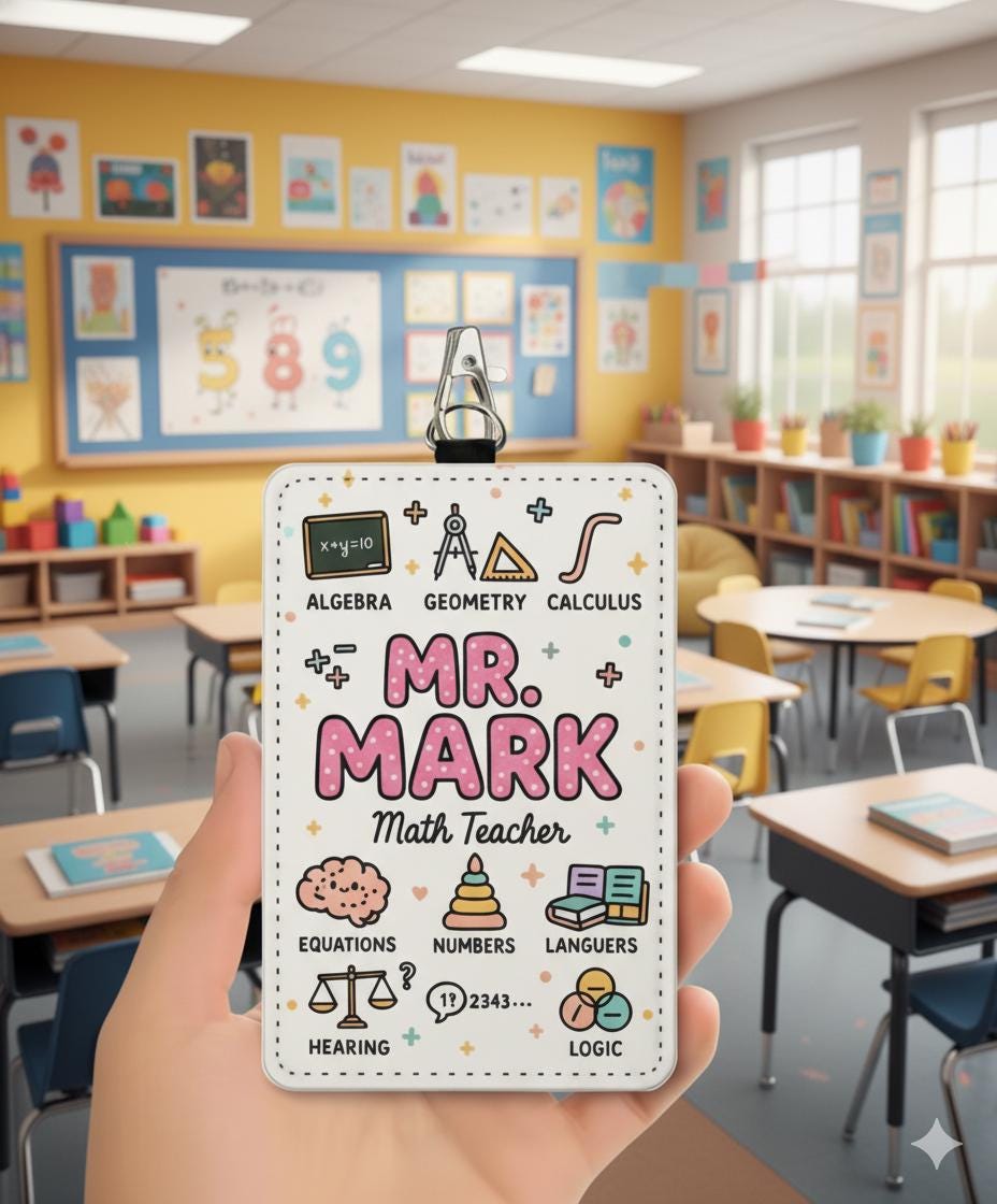Math Teacher ID Badge Holder, Personalized Name, Retractable Clip, Classroom Icons