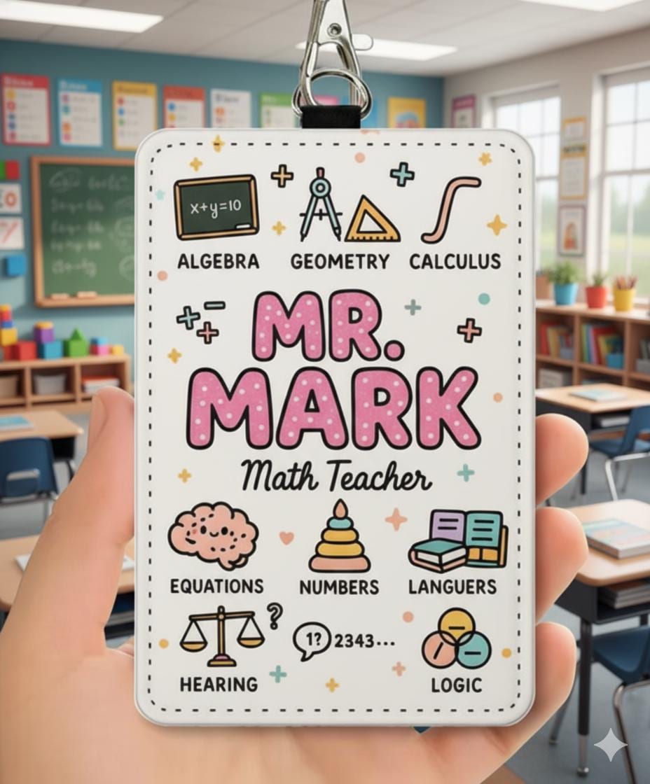 Math Teacher ID Badge Holder, Personalized Name, Retractable Clip, Classroom Icons