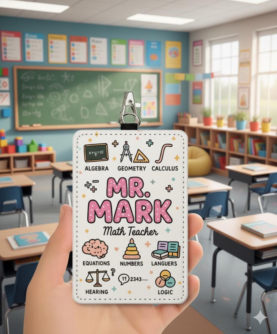 Math Teacher ID Badge Holder, Personalized Name, Retractable Clip, Classroom Icons