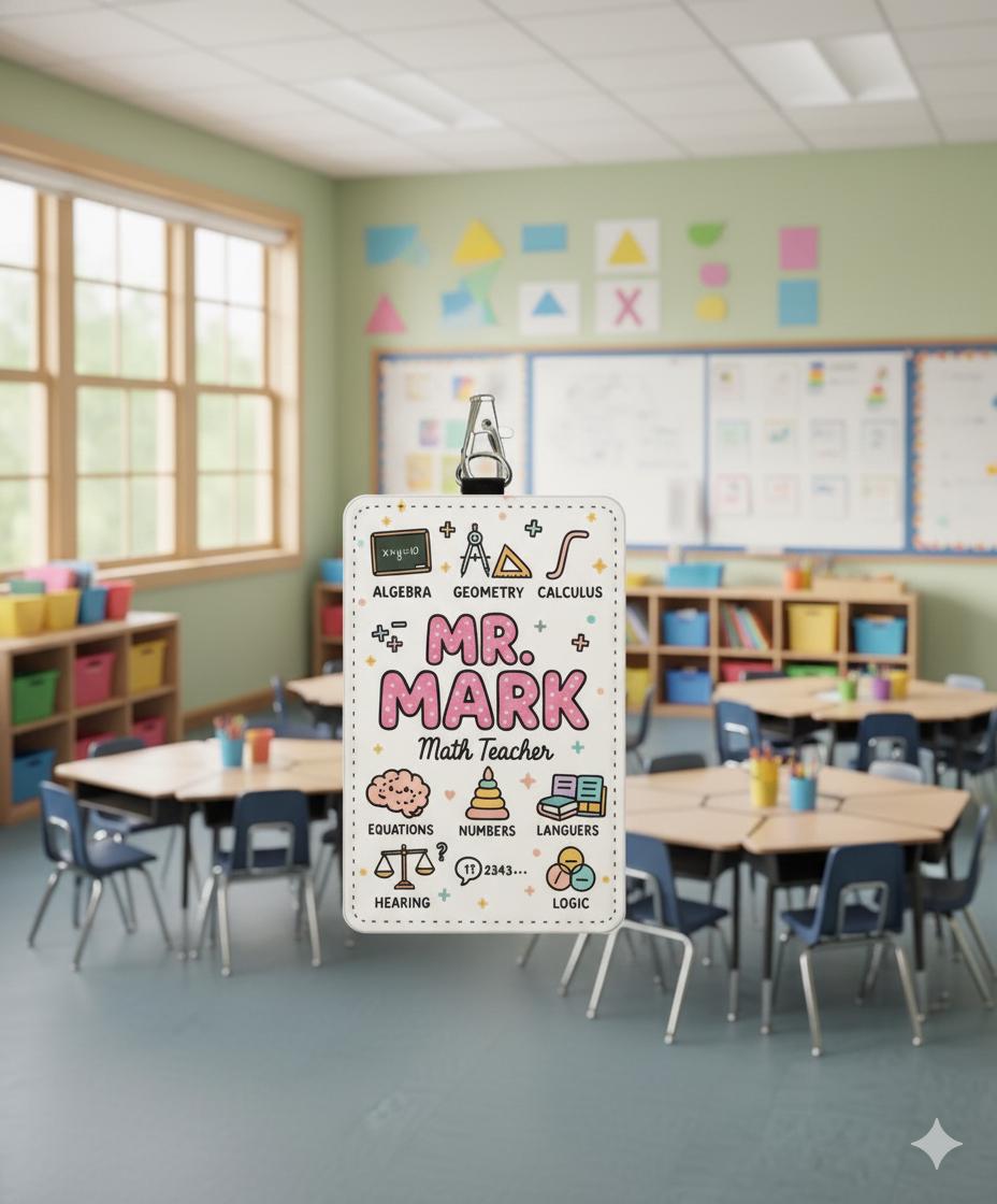 Math Teacher ID Badge Holder, Personalized Name, Retractable Clip, Classroom Icons